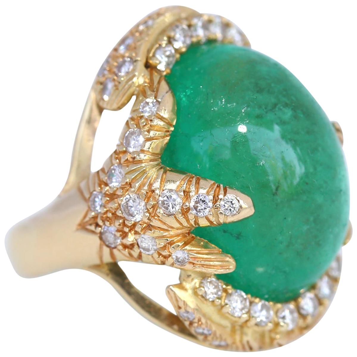50 Carat Cabochon Emerald Diamonds 18 Karat Gold Ring Whimsical