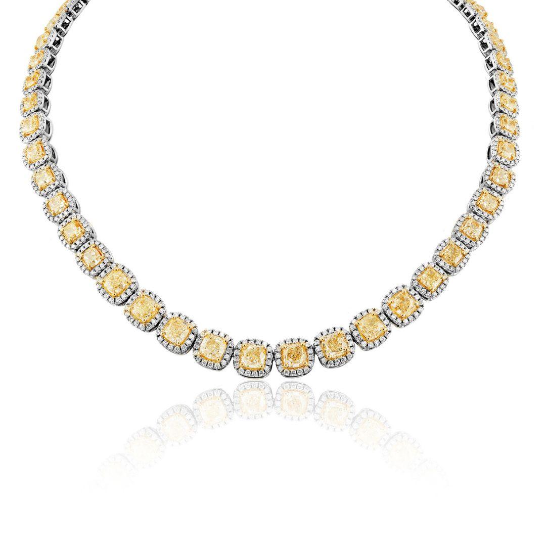 Cushion Cut 50 Carat Cushion Yellow Diamond Tennis Necklace Certified Yellow For Sale