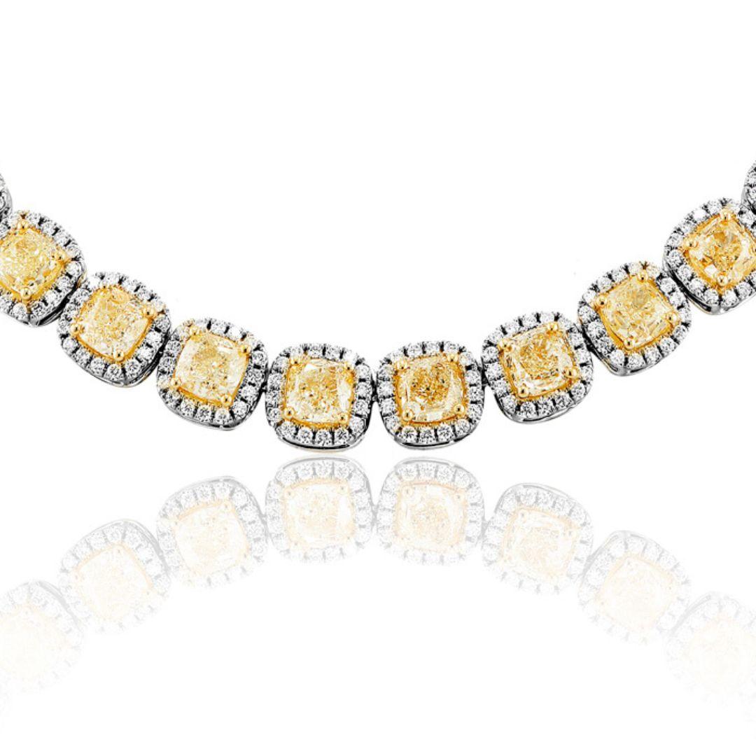 50 Carat Cushion Yellow Diamond Tennis Necklace Certified Yellow In New Condition For Sale In New York, NY
