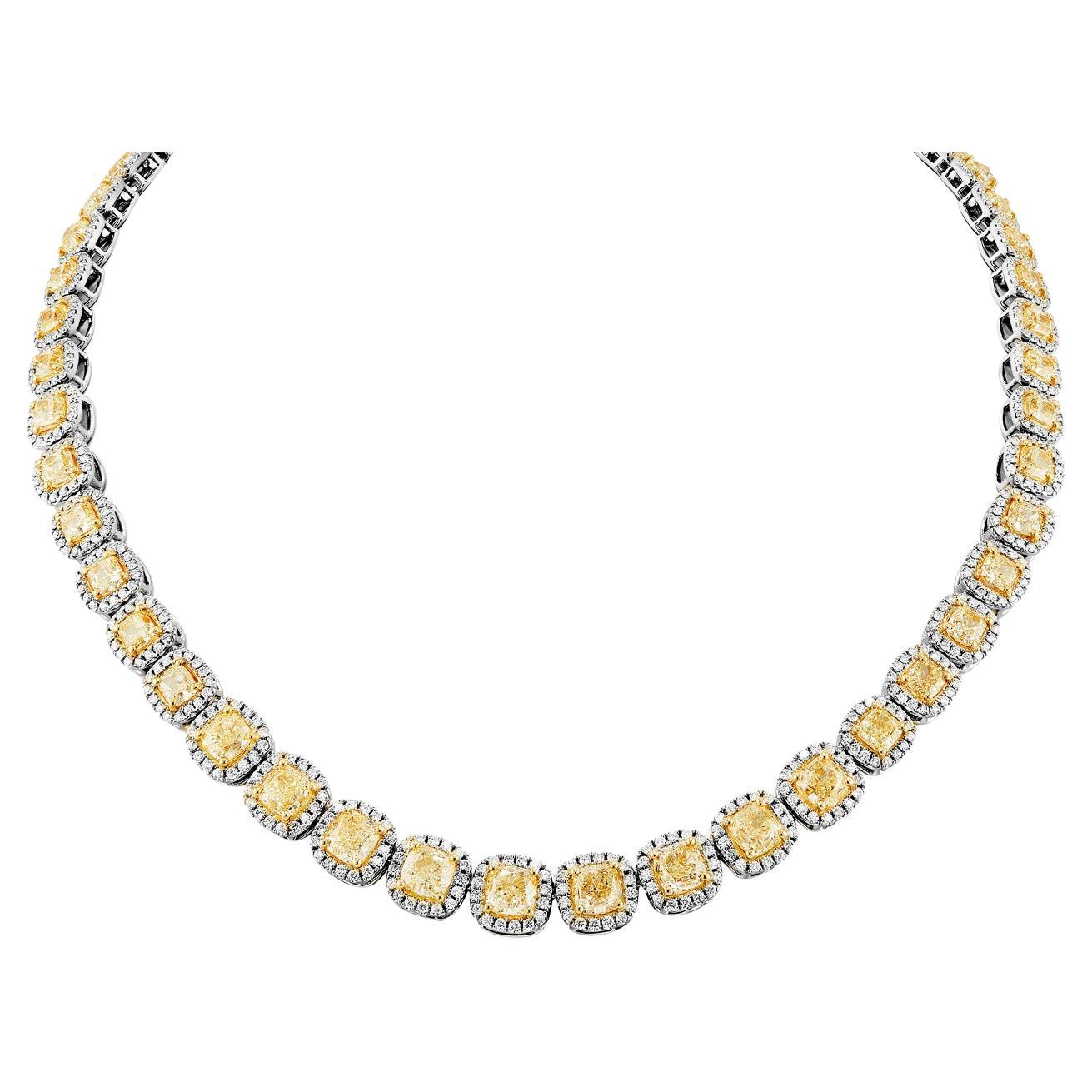 50 Carat Cushion Yellow Diamond Tennis Necklace Certified Yellow For Sale