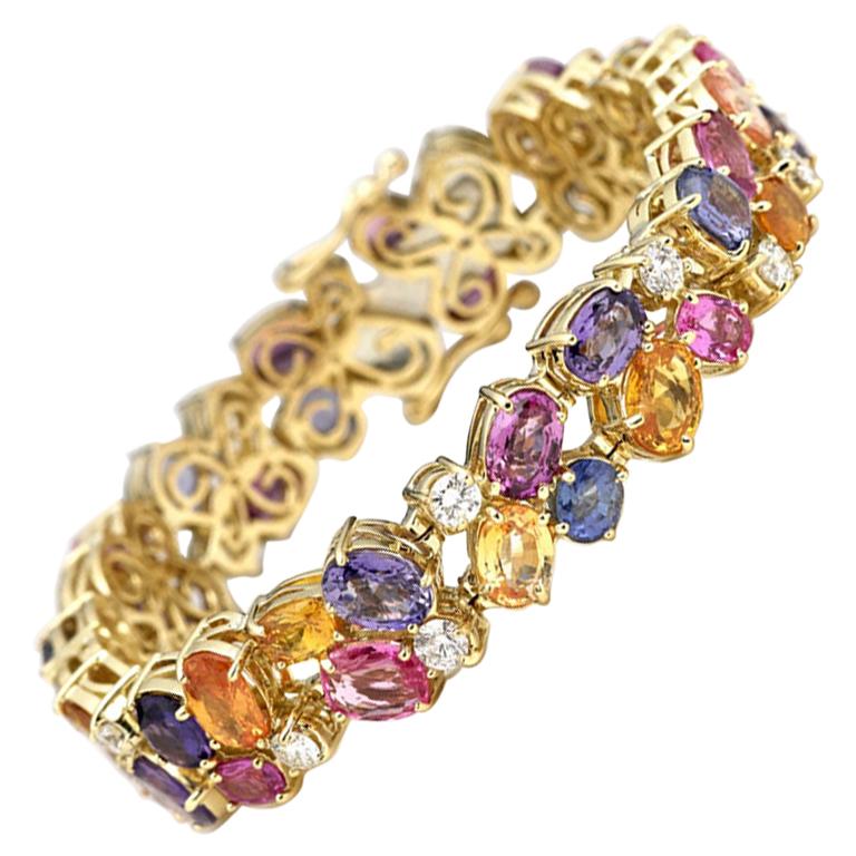 50 Carat Diamond and Rainbow Sapphire Bracelet, 14 Karat Gold, Ben Dannie For Sale