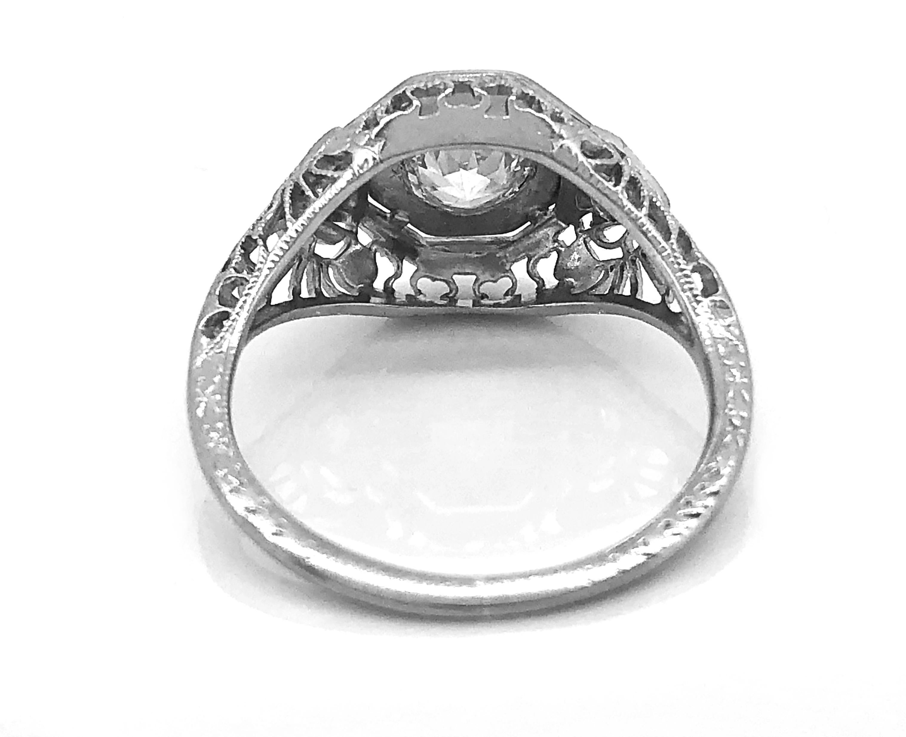 Old European Cut .50 Carat Diamond Art Deco Antique Engagement Ring 18 Karat White Gold For Sale