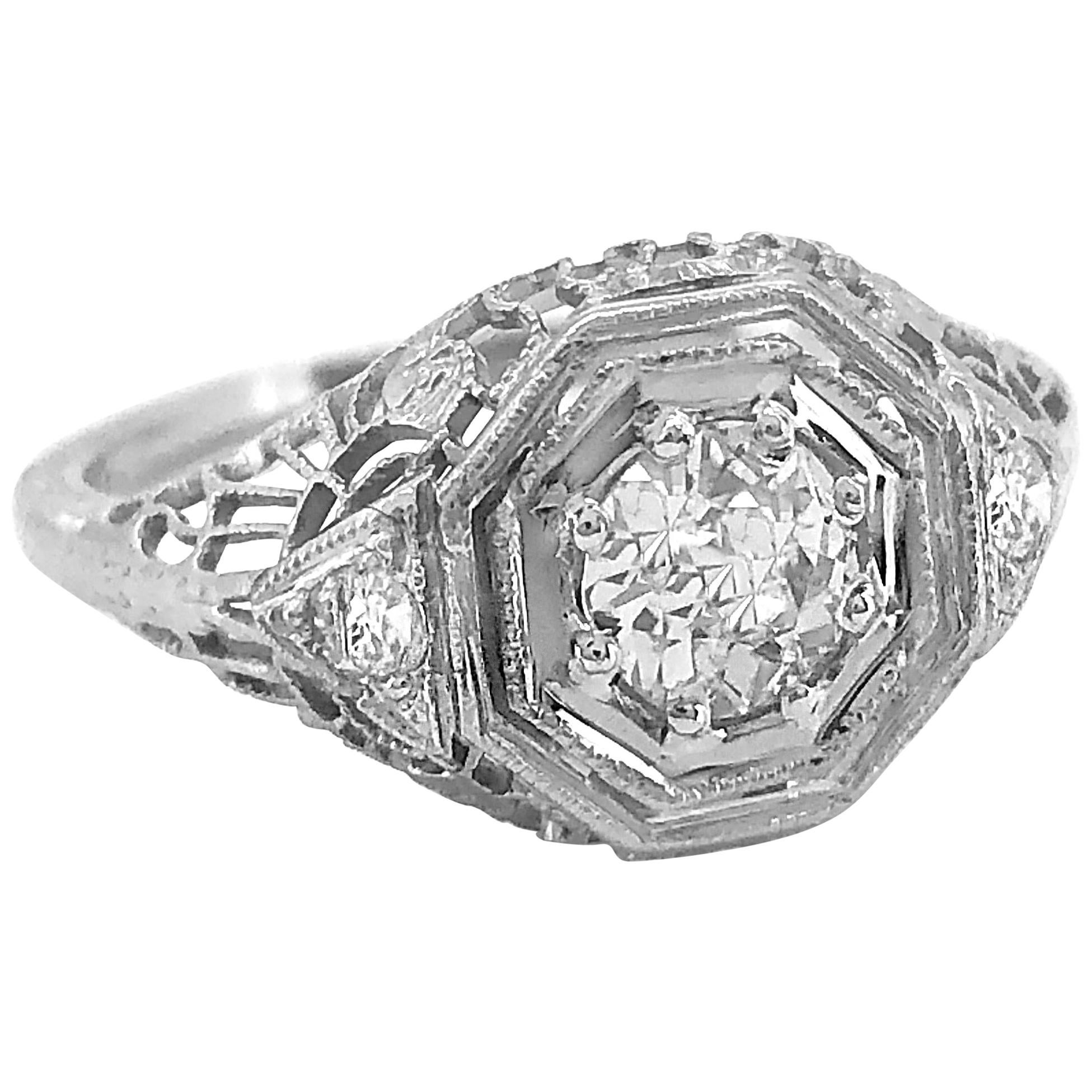 .50 Carat Diamond Art Deco Antique Engagement Ring 18 Karat White Gold For Sale