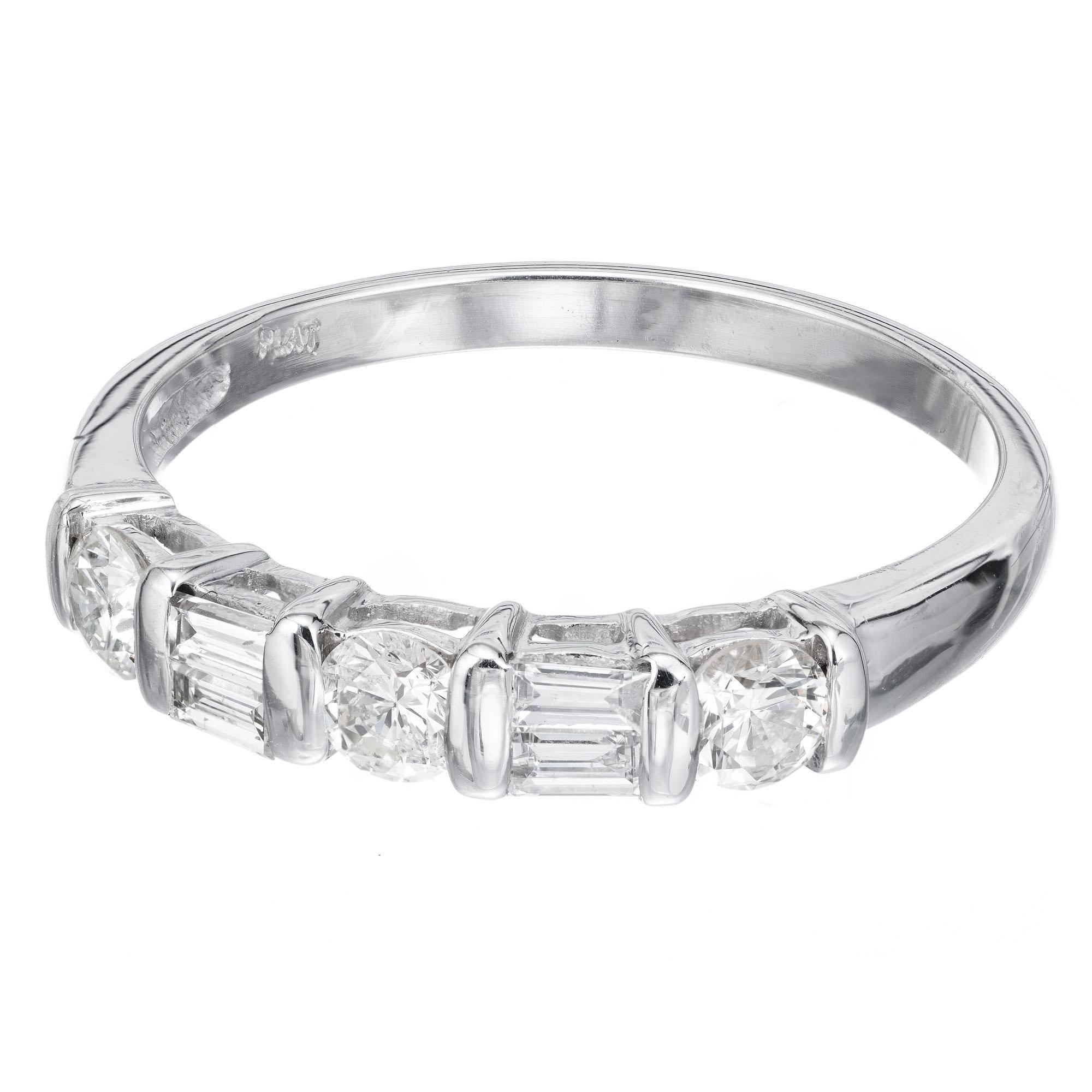 Alternating round and baguette diamond seven stone .50ct platinum wedding band ring. 

3 round brilliant cut diamonds .31cts
4 straight cut baguette diamonds, I-J SI approx. .19cts
Size 5.75 and sizable 
Platinum 
Stamped: PT950
Width at top: