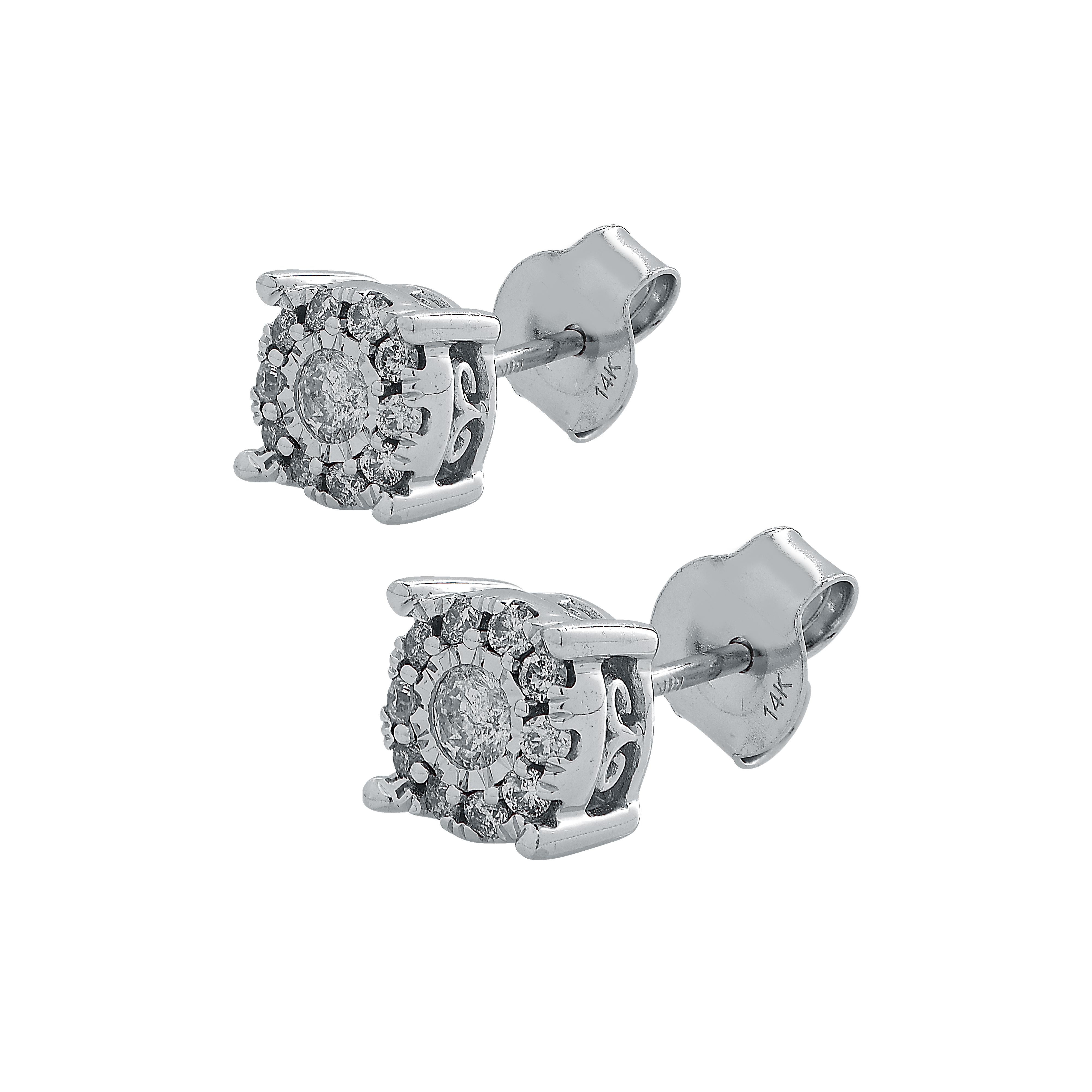 Stunning earrings crafted in white gold, featuring 22 round brilliant cut diamonds weighing approximately .50 carats total, G color SI2-3 clarity, seamlessly cluster set to create a big look. These gorgeous earrings measure 6.5 mm in diameter.

Our