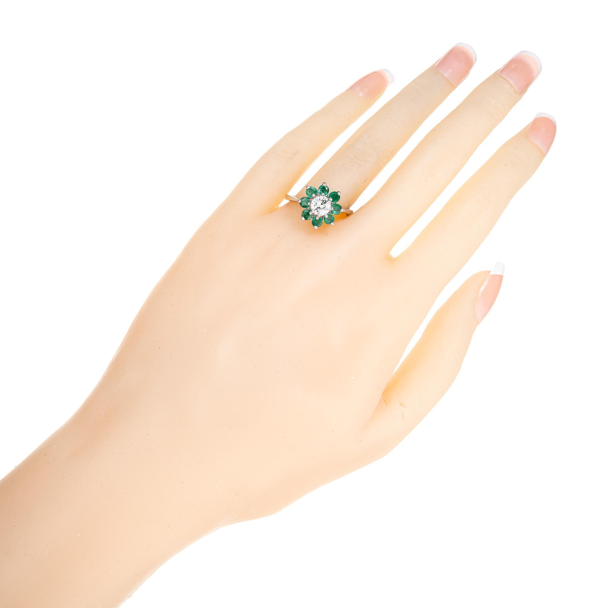 Round Cut .50 Carat Diamond Emerald Halo White Gold Engagement Ring For Sale