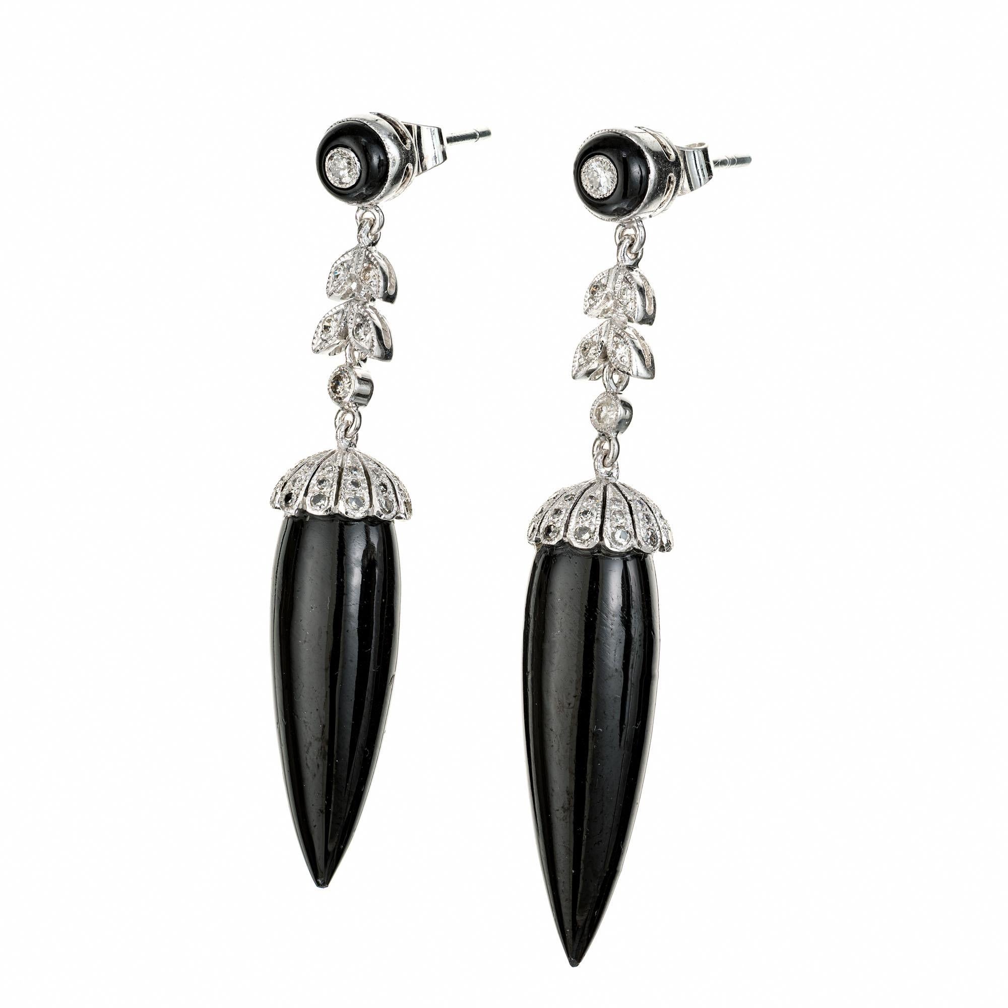 Round Cut .50 Carat Diamond Onyx White Gold Art Deco Dangle Earrings For Sale