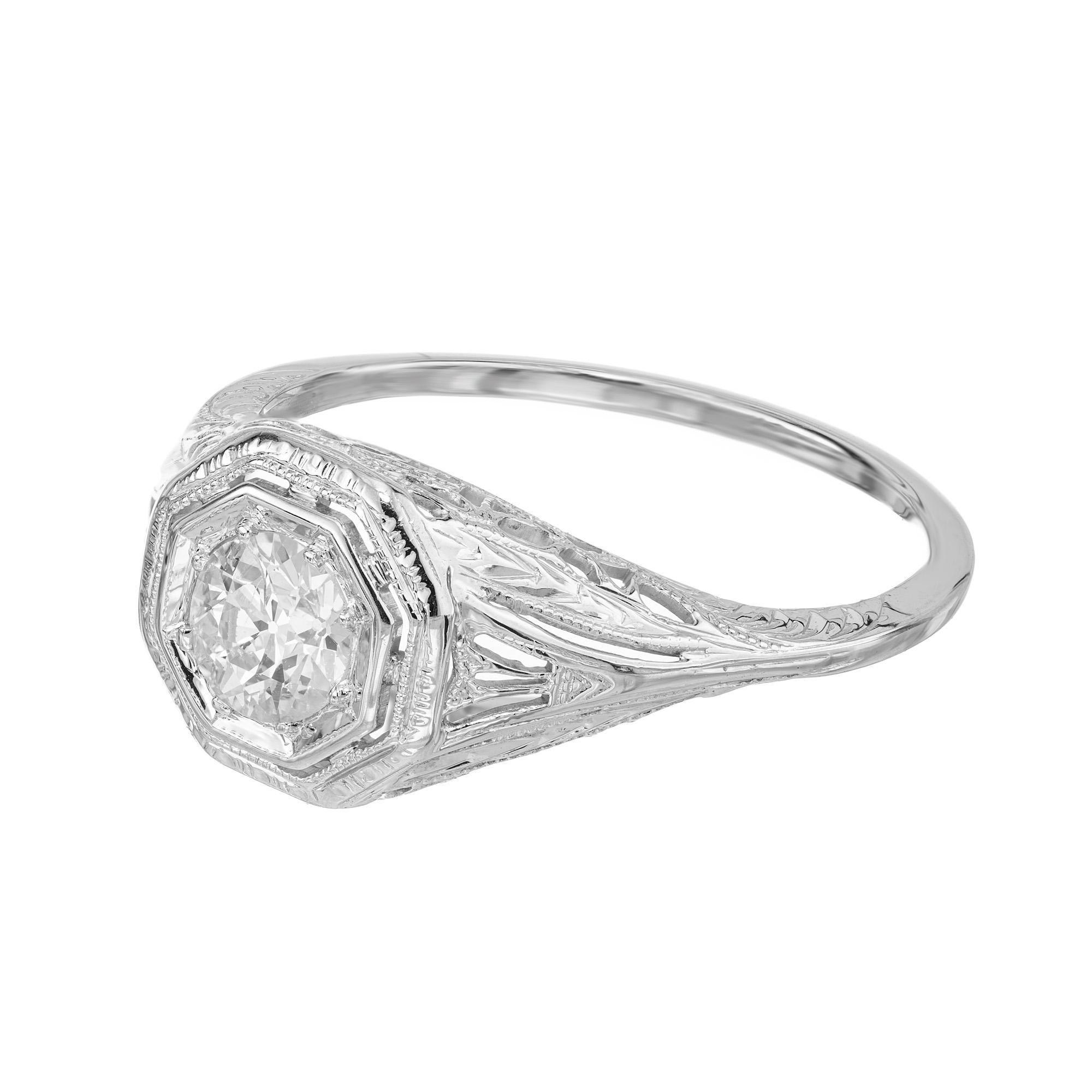 Old European Cut .50 Carat Diamond Platinum Art Deco Filigree Diamond Engagement Ring For Sale