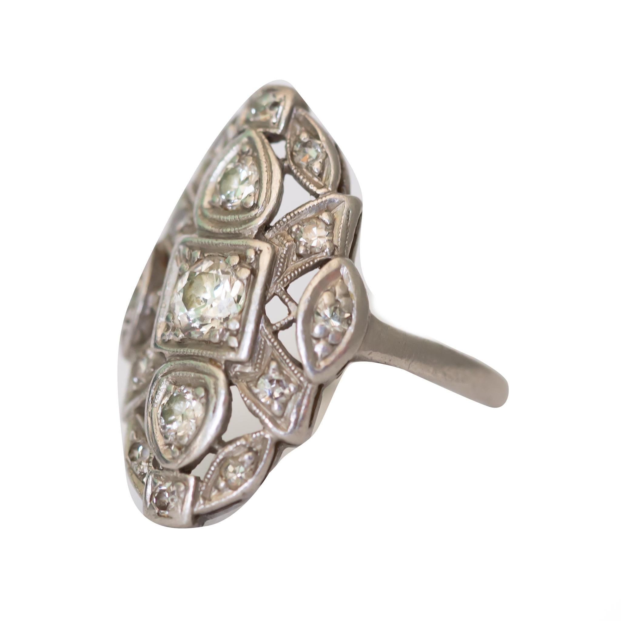 Ring Size: 5.75
Metal Type: Platinum  [Hallmarked, and Tested]
Weight:  4.6 grams

Diamond Details:
Weight: .50 carat, total weight
Cut: Old European Brilliant
Color: G-H
Clarity: VS

Finger to Top of Stone Measurement: 3mm
Condition:  Excellent