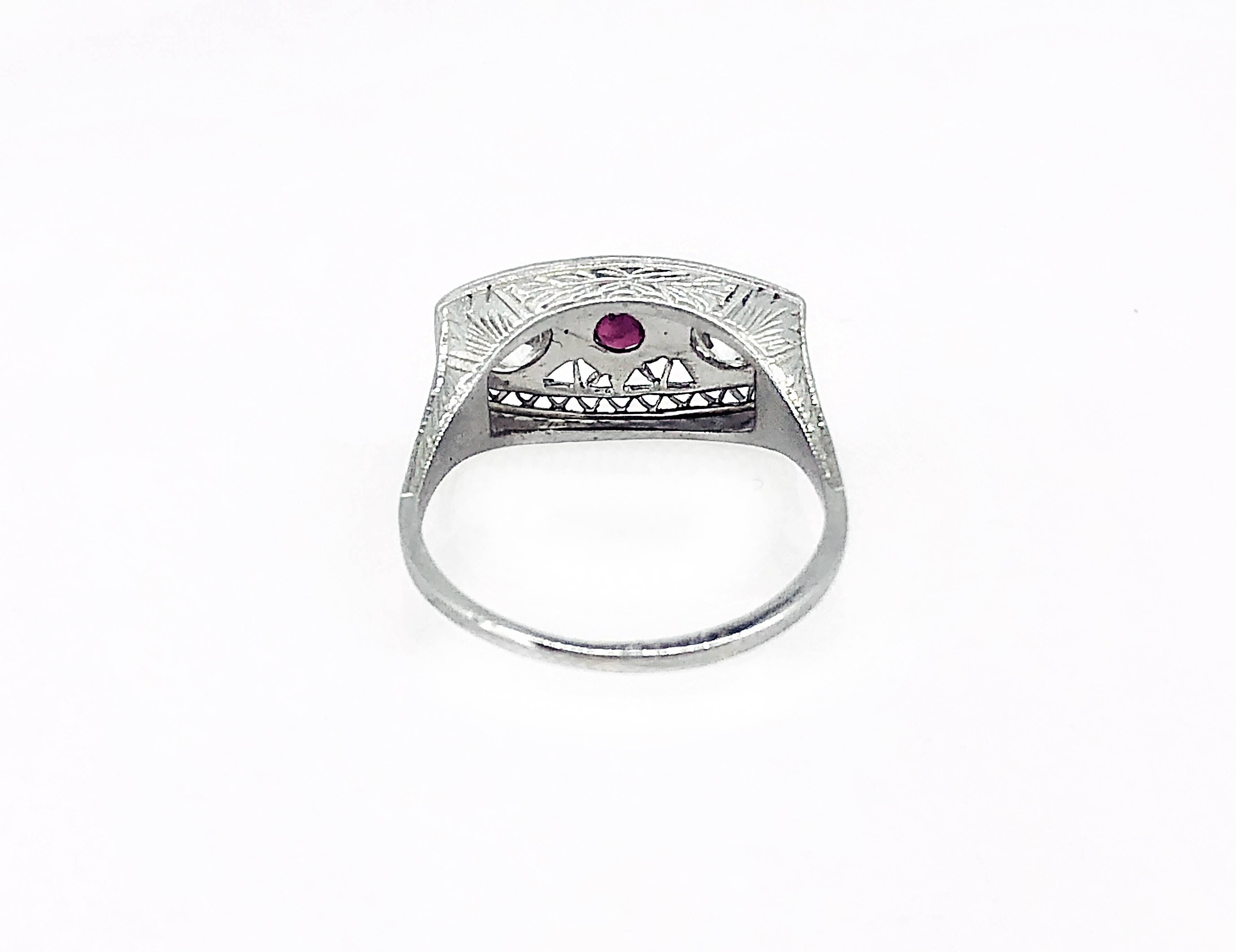 Art Deco .50 Carat Diamond Ruby Antique Engagement Fashion Ring 18 Karat White Gold For Sale