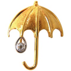 Broche parapluie en or 14 carats avec diamants de 0,50 carat et goutte d'eau