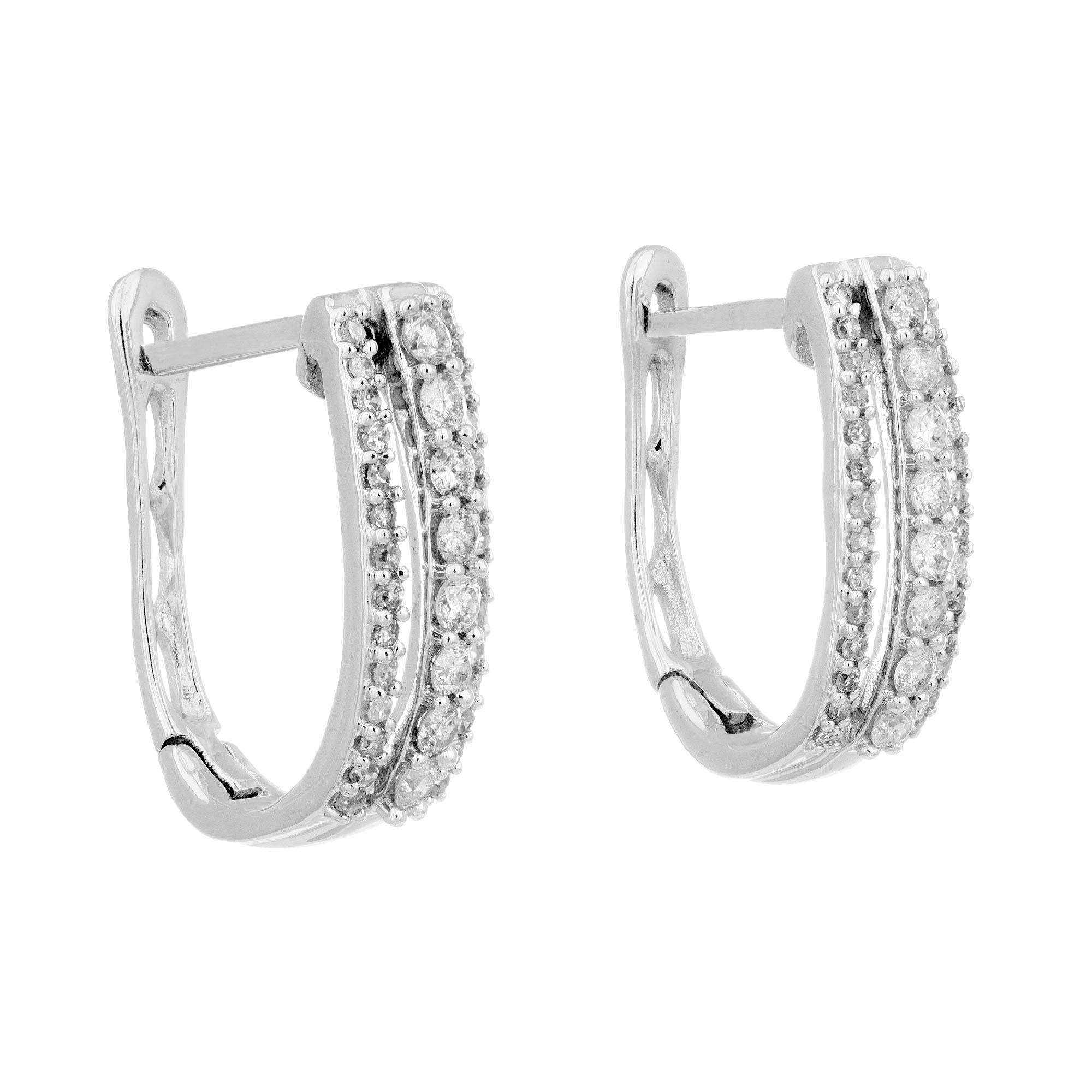 Three row diamond post style lever back hoop earrings. 3 rows of 72 round diamonds

72 round diamonds, I SI approx. .50cts
14k white gold 
Stamped: 14k
Hallmark: A
3.0 grams
Top to bottom: 16.79mm or .67 Inch
Width: 5.45mm or .21 Inch
Depth or