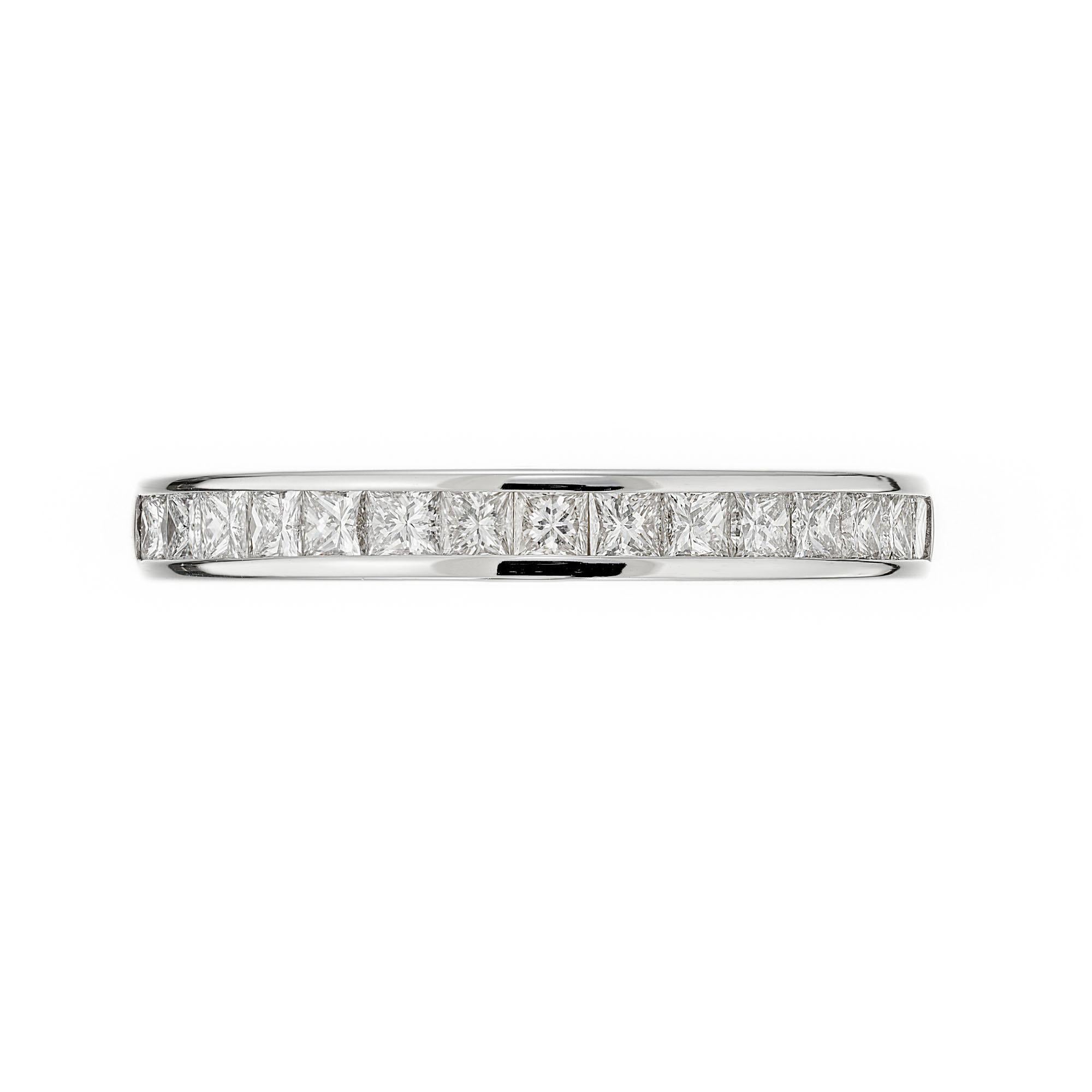 Classic half way around channel style Princess cut diamond wedding band. 15 princess cut .50ct  diamonds set in 18k white gold setting. 

15 Princess cut diamonds, approx. total weight .50cts, H, SI
Size 5.5 and sizable
18k white gold
Tested and
