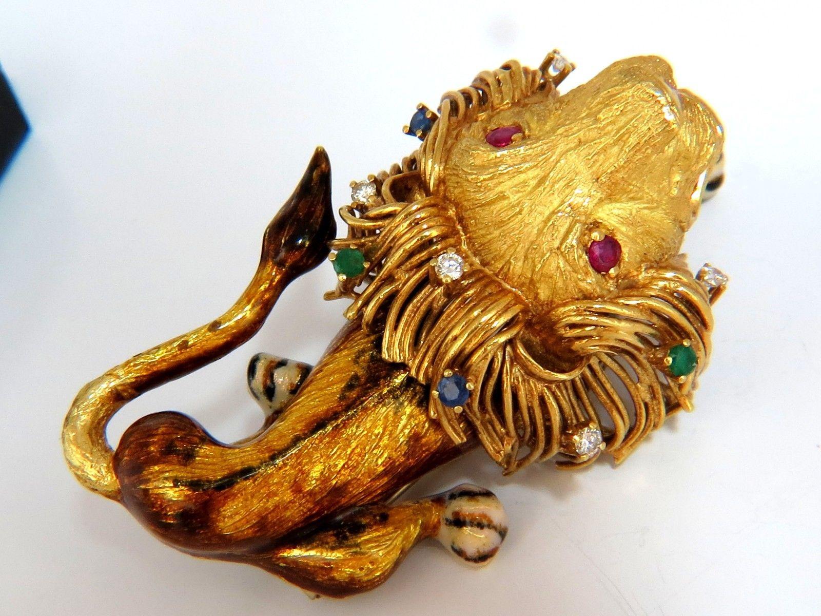 Monarch Divine

.50ct. diamonds Lion Brooch pin.

Rounds, Full cut Brilliant.

G-color Vs-2 clarity.

Additional .50ct Natural Ruby, sapphire and emeralds.

18kt yellow gold 

61.5 grams.

Overall: 2.9 X 1.45 inch

Depth: 1.35 inch

Excellent made