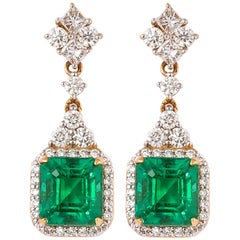 Boucles d'oreilles en or jaune 18 carats avec diamants et émeraudes de 5,0 carats certifiées GRS