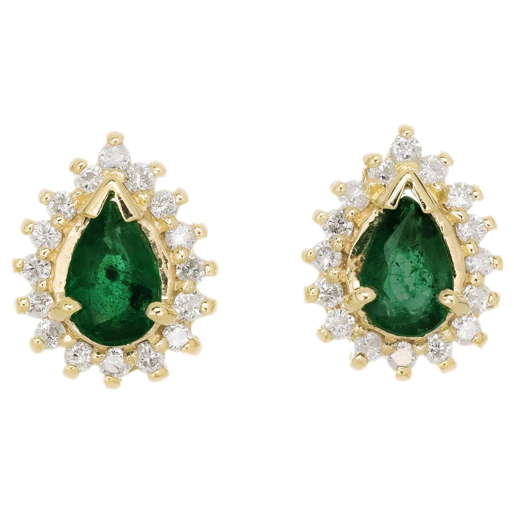.50 Carat Emerald Diamond Halo Yellow Gold Stud Earrings