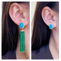 50 Carat Emerald Tassel Drop Earrings with Diamonds in 18K Gold