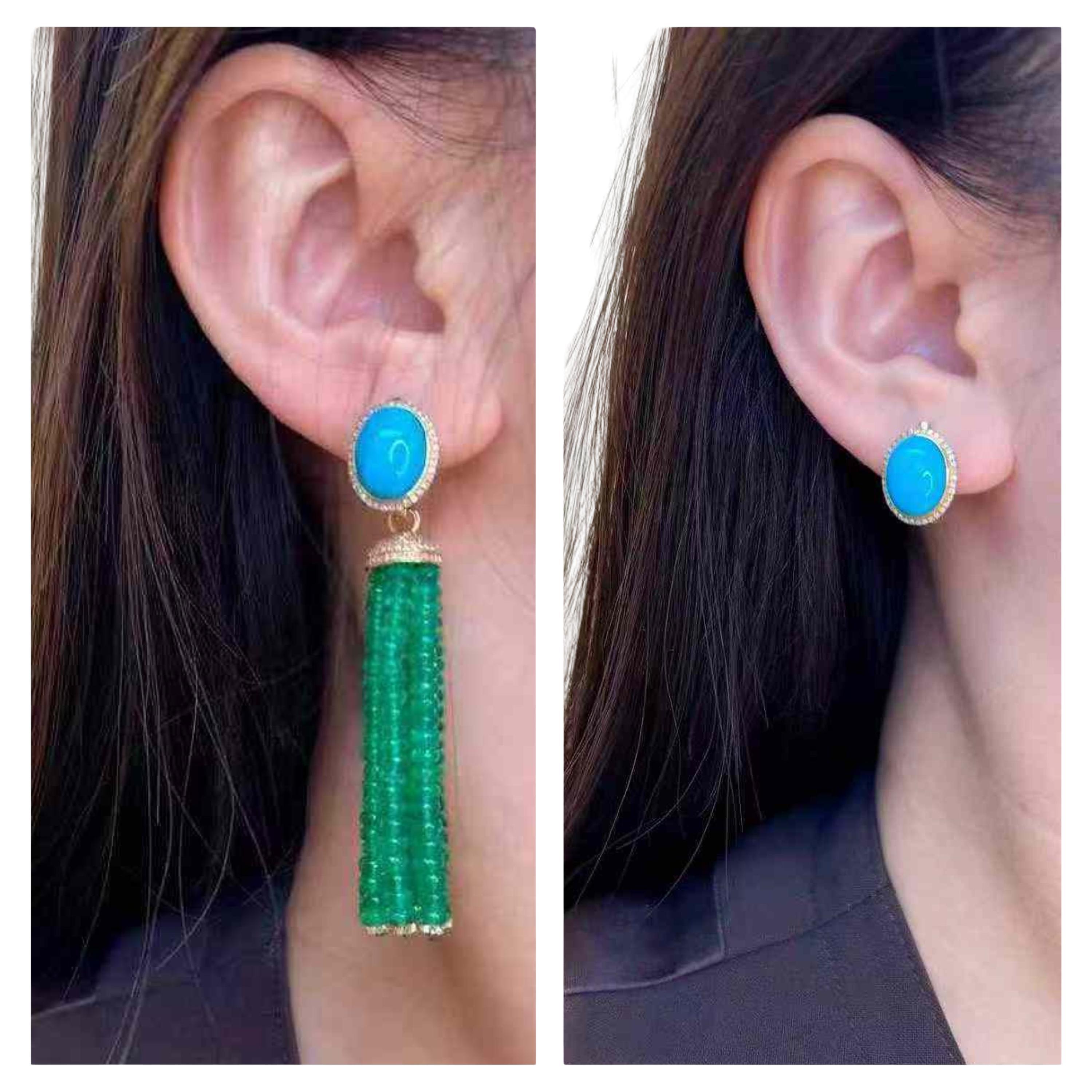 50 Carat Emerald Tassel Drop Earrings with Diamonds in 18K Gold For Sale