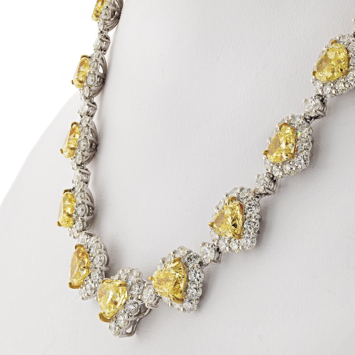 Modern 50 Carat Fancy Intense Yellow Heart and White Diamond Infinity Necklace