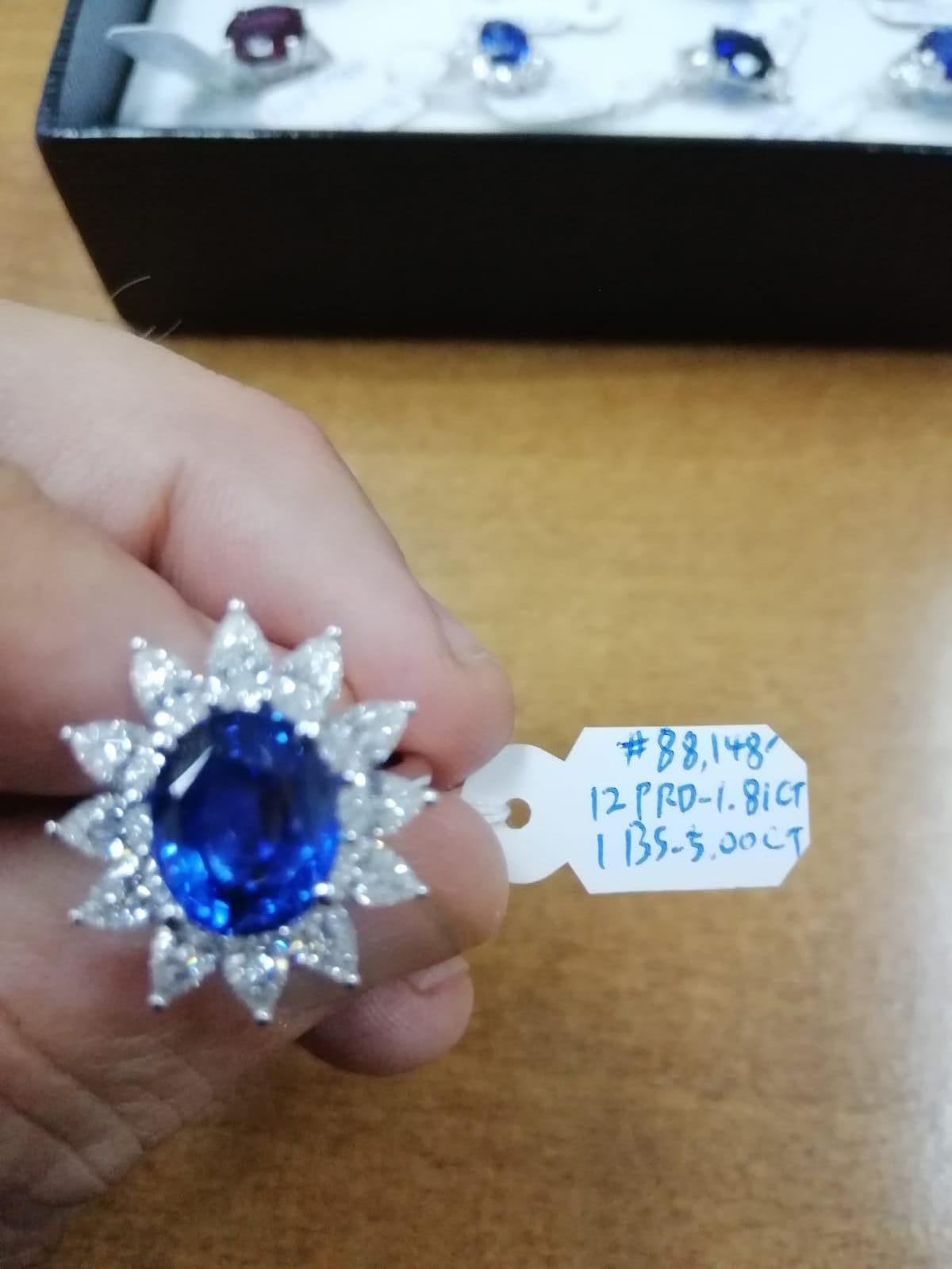Art Deco 5.00 Carat Royal Blue Sapphire GRS Certified Unheated Diamond Ceylon Ring Oval 