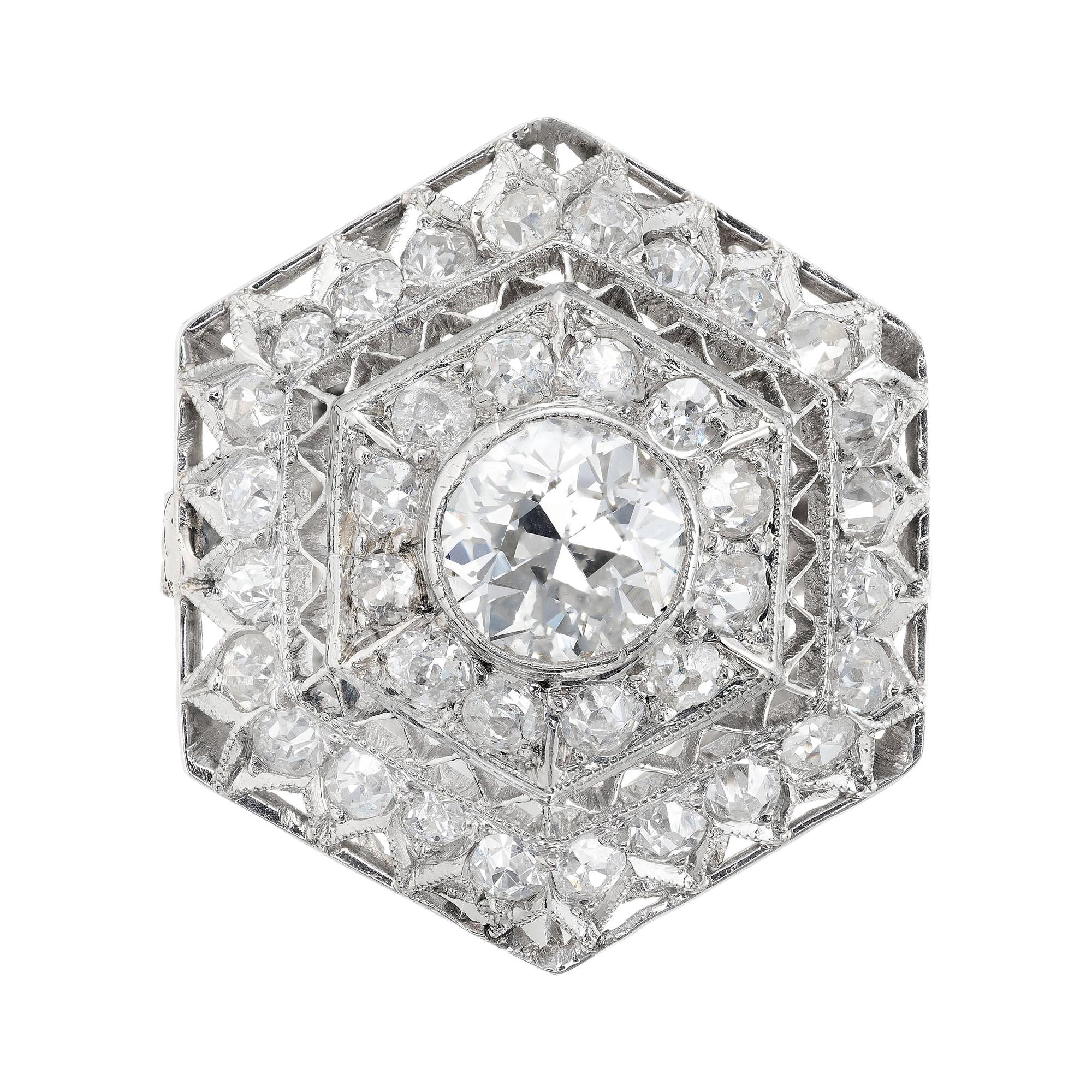 .50 Carat Hexagon Art Deco Edwardian Platinum Cocktail Ring