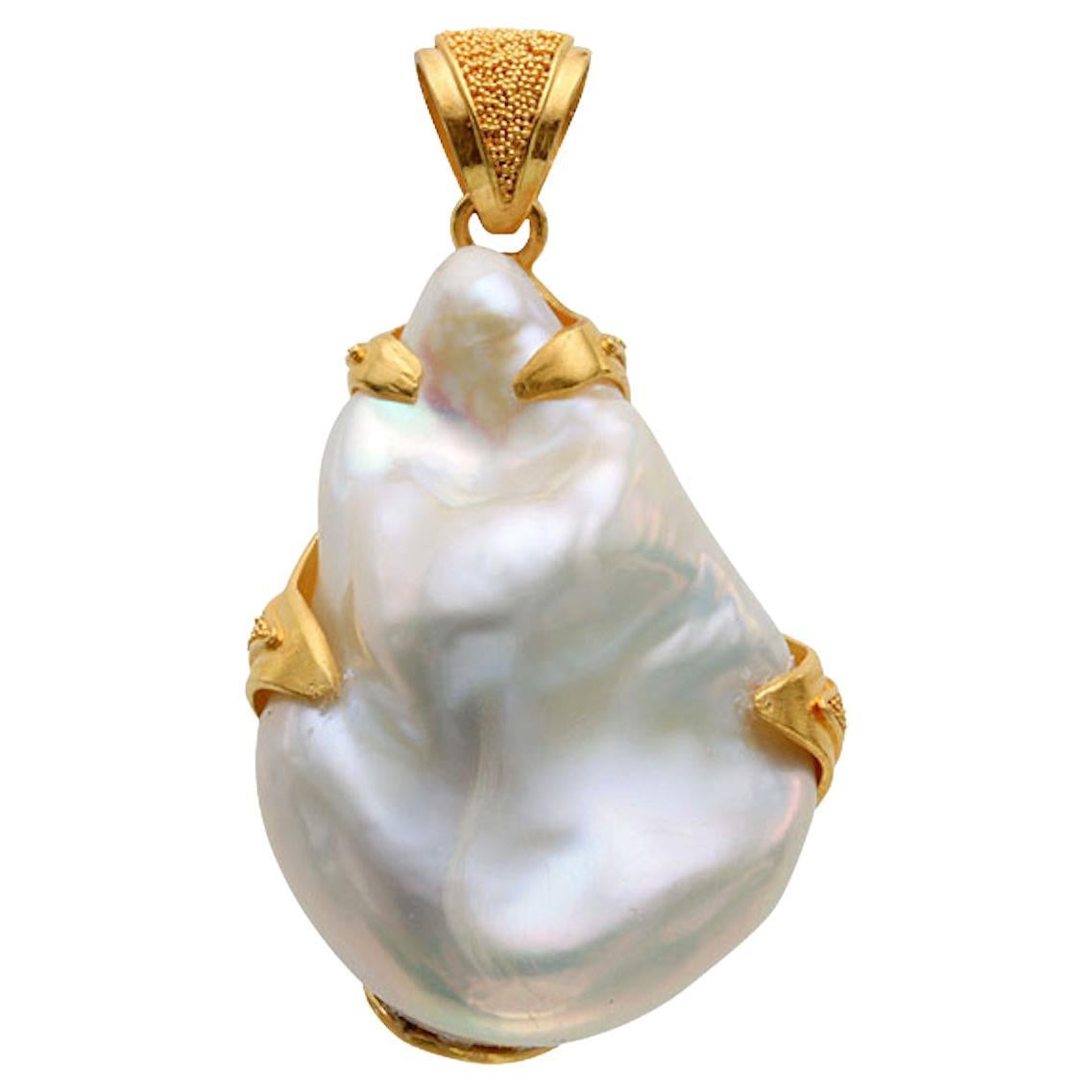 50 Carat Irregular Pearl 22K Gold Granulated Pendant