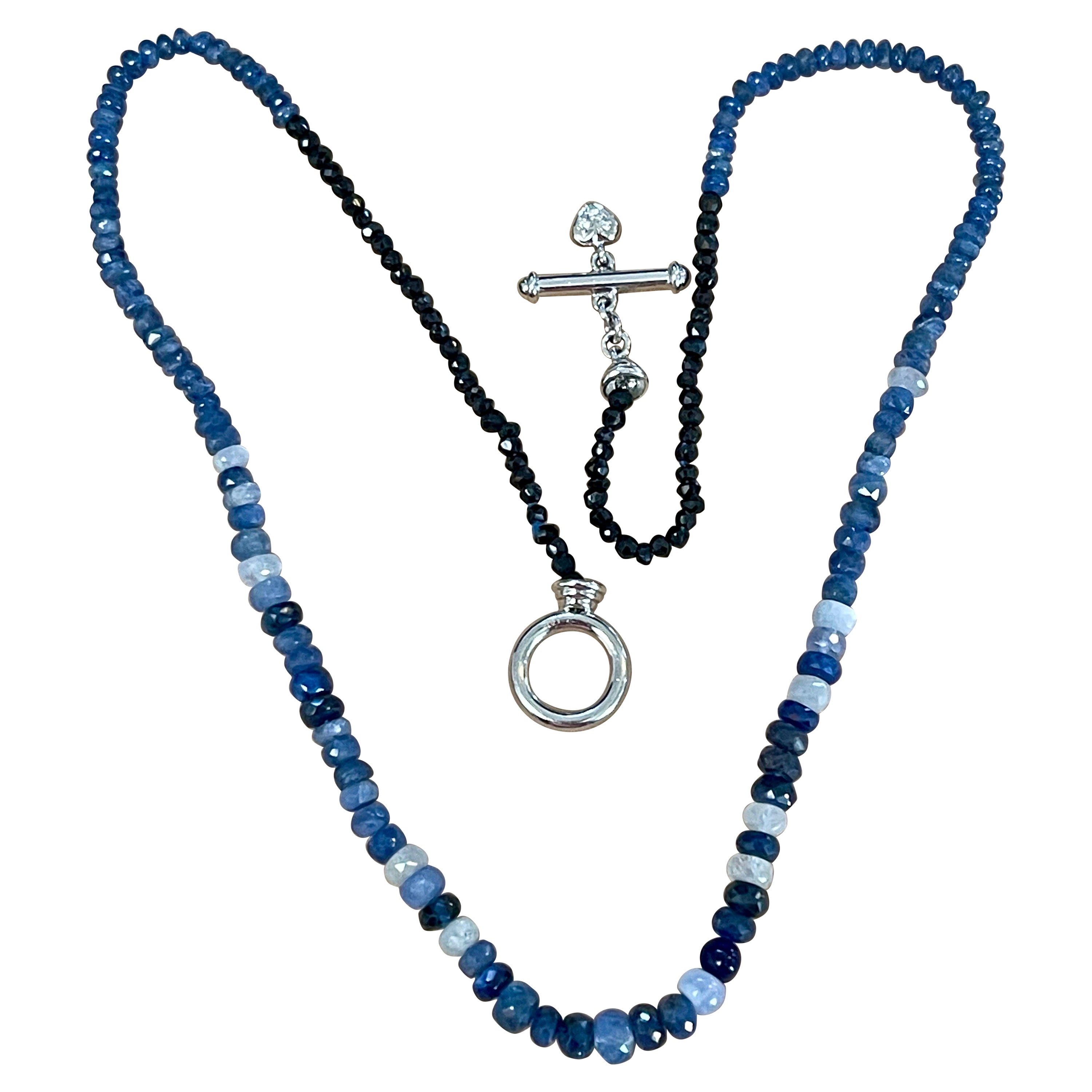 50 Carat Natural Sapphire Bead Single Strand Necklace with Diamond in 14 Kw Gold For Sale