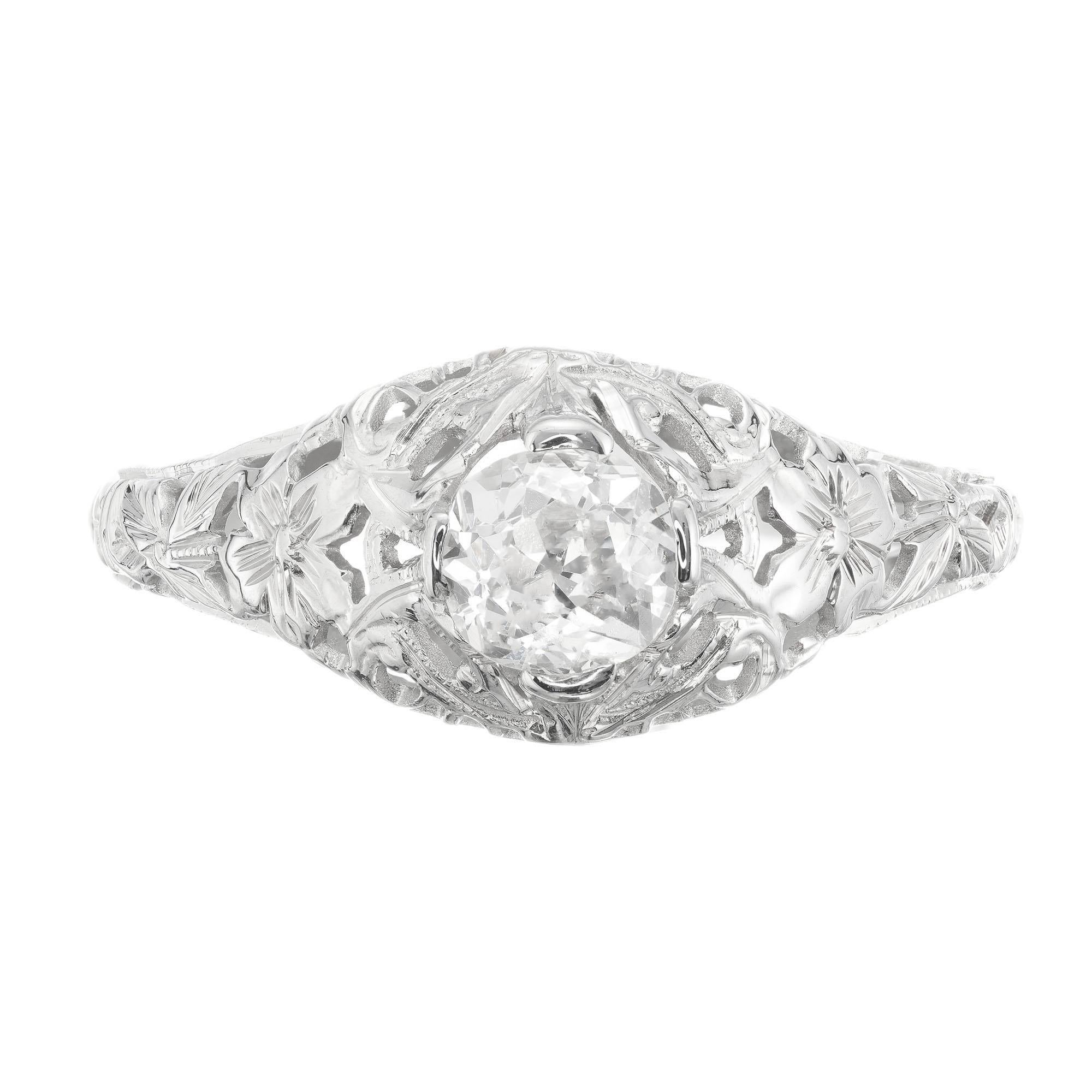 1920's Art Deco diamond engagement ring. EGL certified old mine center diamond, set in an open work 18k white gold engraved setting. 

1 old mine cut diamond, approx. total weight .50cts, H, SI2
Size 7.75 and sizable
18k White Gold
Stamped: 18k
2.6