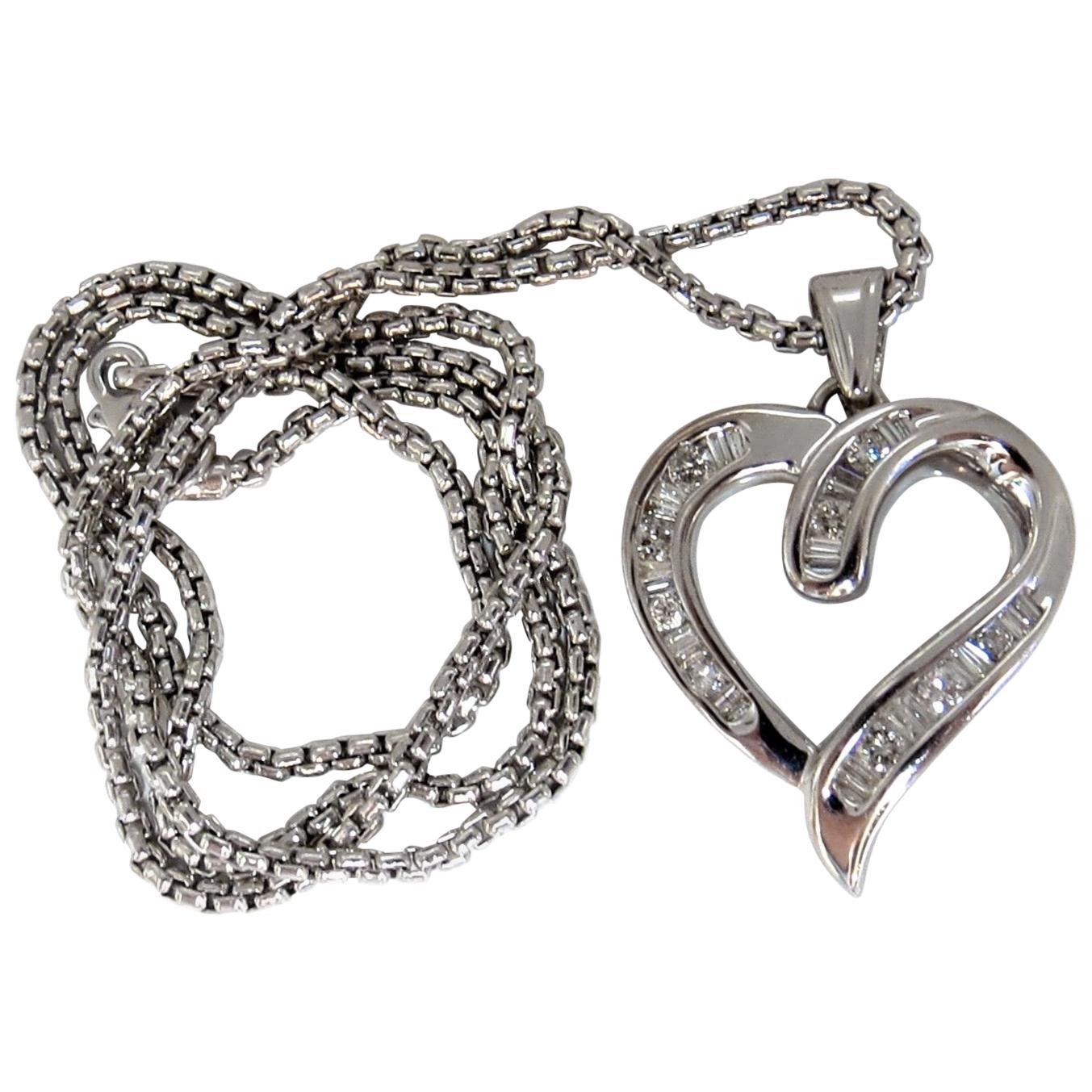 .50 Carat Open Heart Rounds and Baguettes Diamond Necklace 14 Karat For Sale