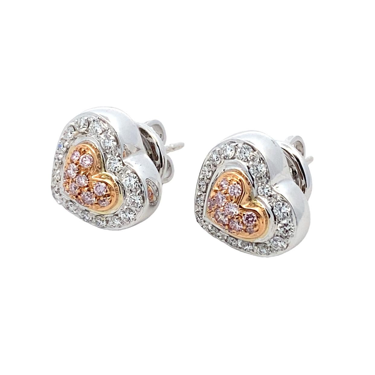 Modern .50 Carat Pink and White Diamonds Double Heart Shape Earrings, 18 Karat Gold For Sale