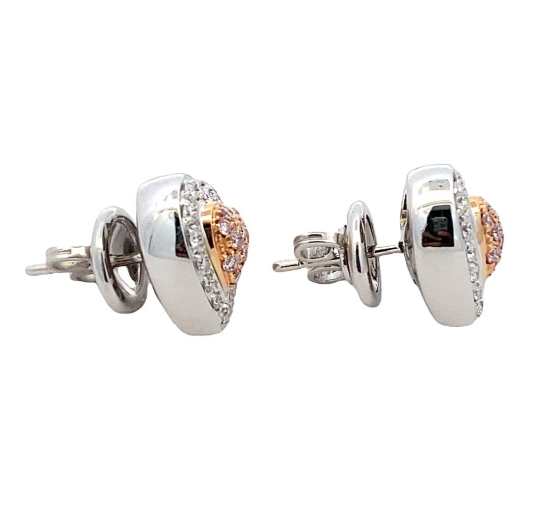 .50 Carat Pink and White Diamonds Double Heart Shape Earrings, 18 Karat Gold In Excellent Condition For Sale In Hicksville, NY