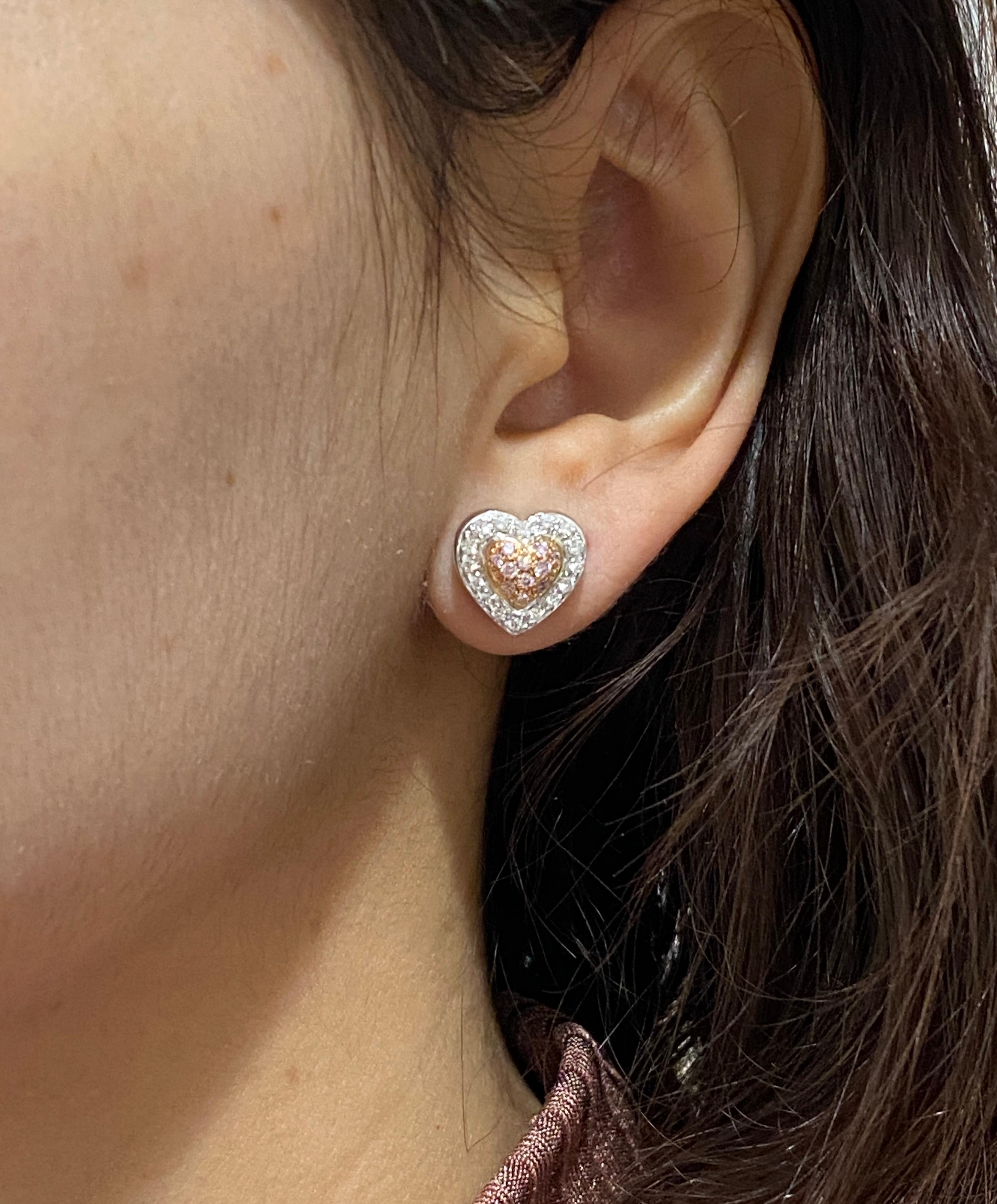 Women's .50 Carat Pink and White Diamonds Double Heart Shape Earrings, 18 Karat Gold For Sale