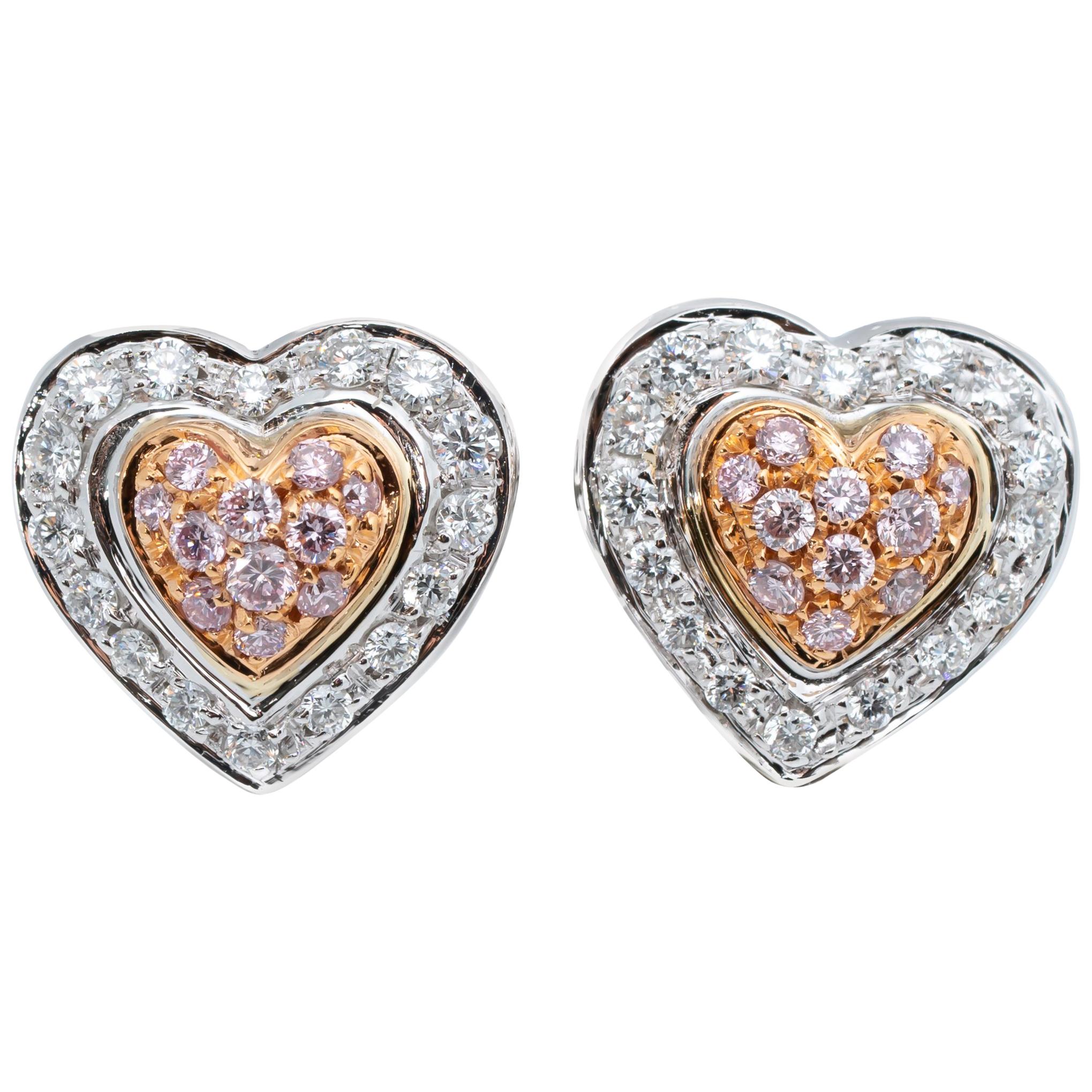 .50 Carat Pink and White Diamonds Double Heart Shape Earrings For Sale ...