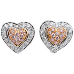 .50 Carat Pink and White Diamonds Double Heart Shape Earrings, 18 Karat Gold