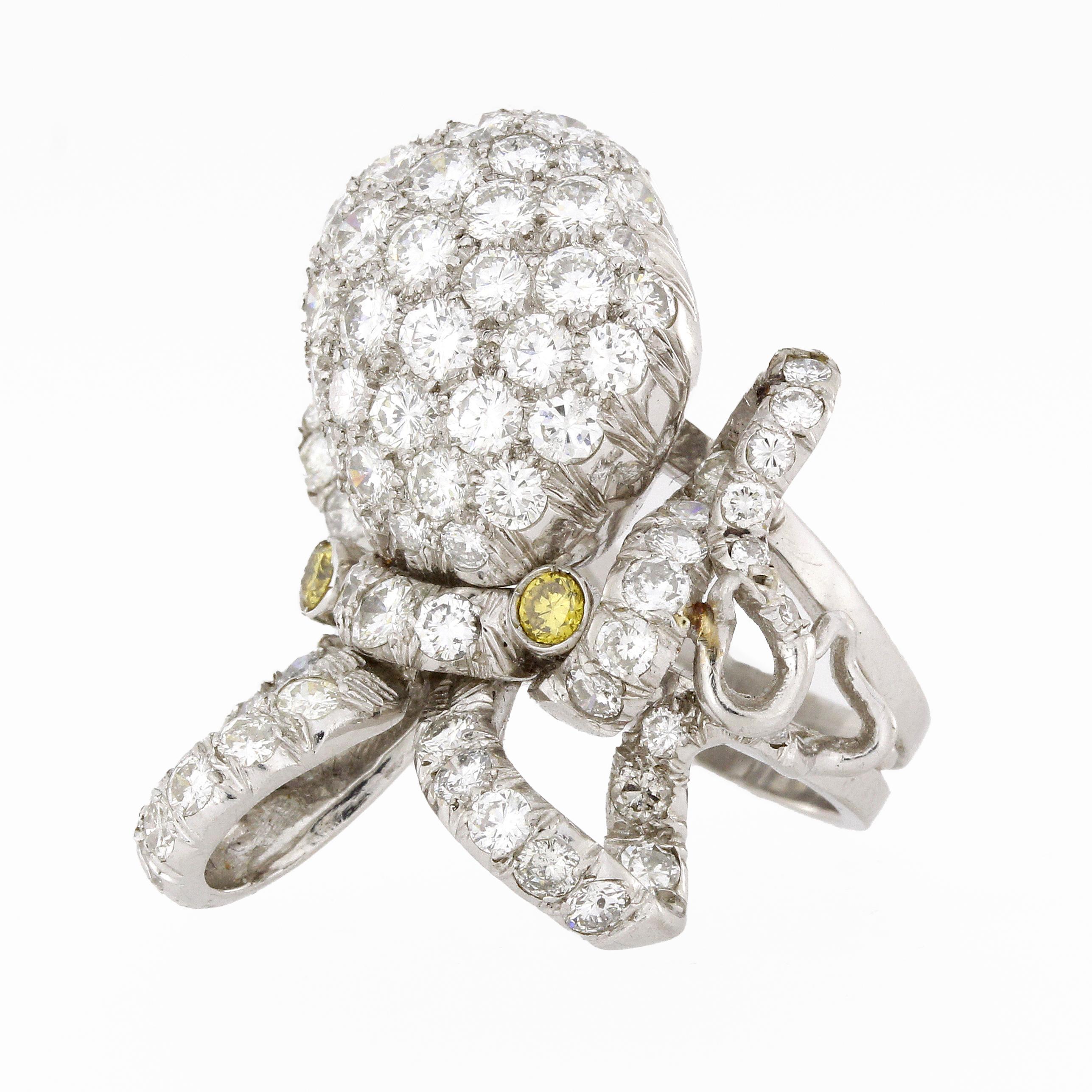 Platinum Octopus Cocktail Ring with approx. 5.0ct of brilliant cut diamonds and two yellow diamonds.

Measurements:
L: 32mm
W: 25mm
D: 16mm
 