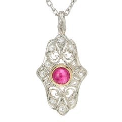 .50 Carat Round Cabochon Ruby Diamond Pierced Engraved Platinum Pendant Necklace
