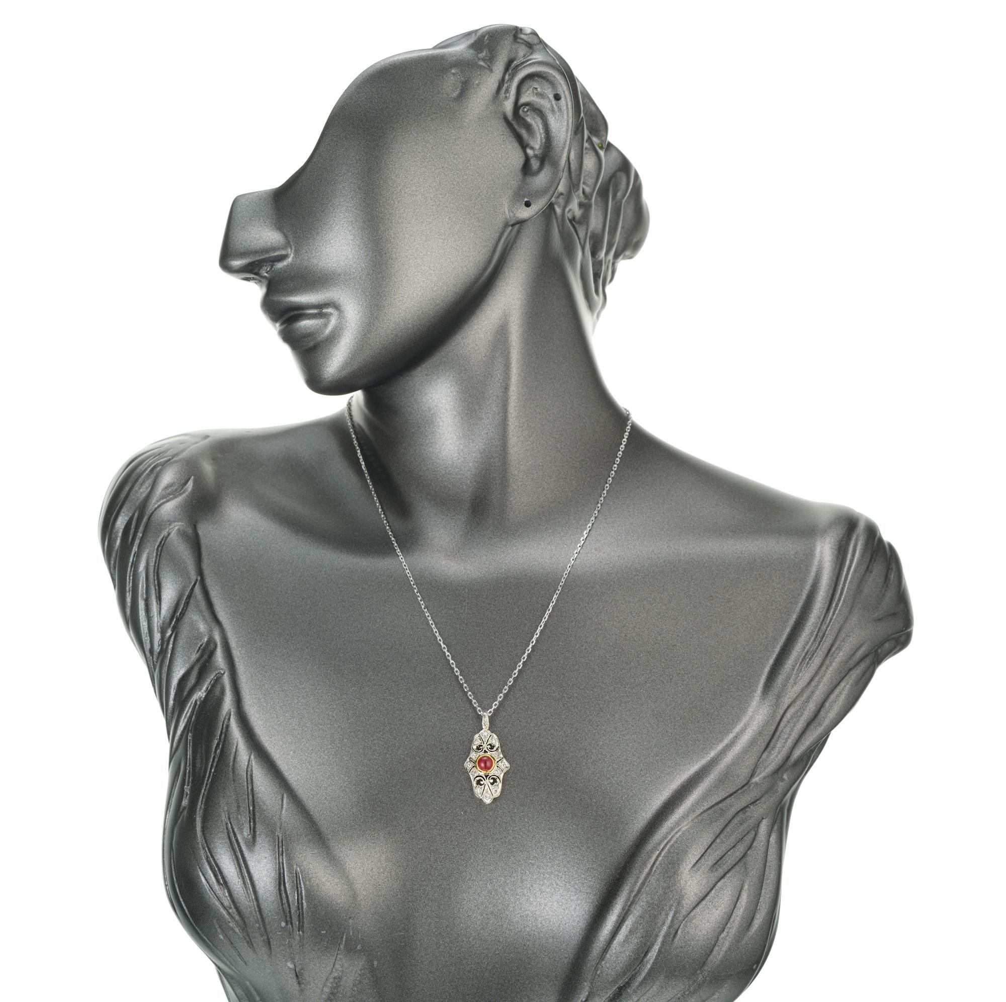 .50 Carat Round Cabochon Ruby Diamond Pierced Engraved Platinum Pendant Necklace For Sale 1