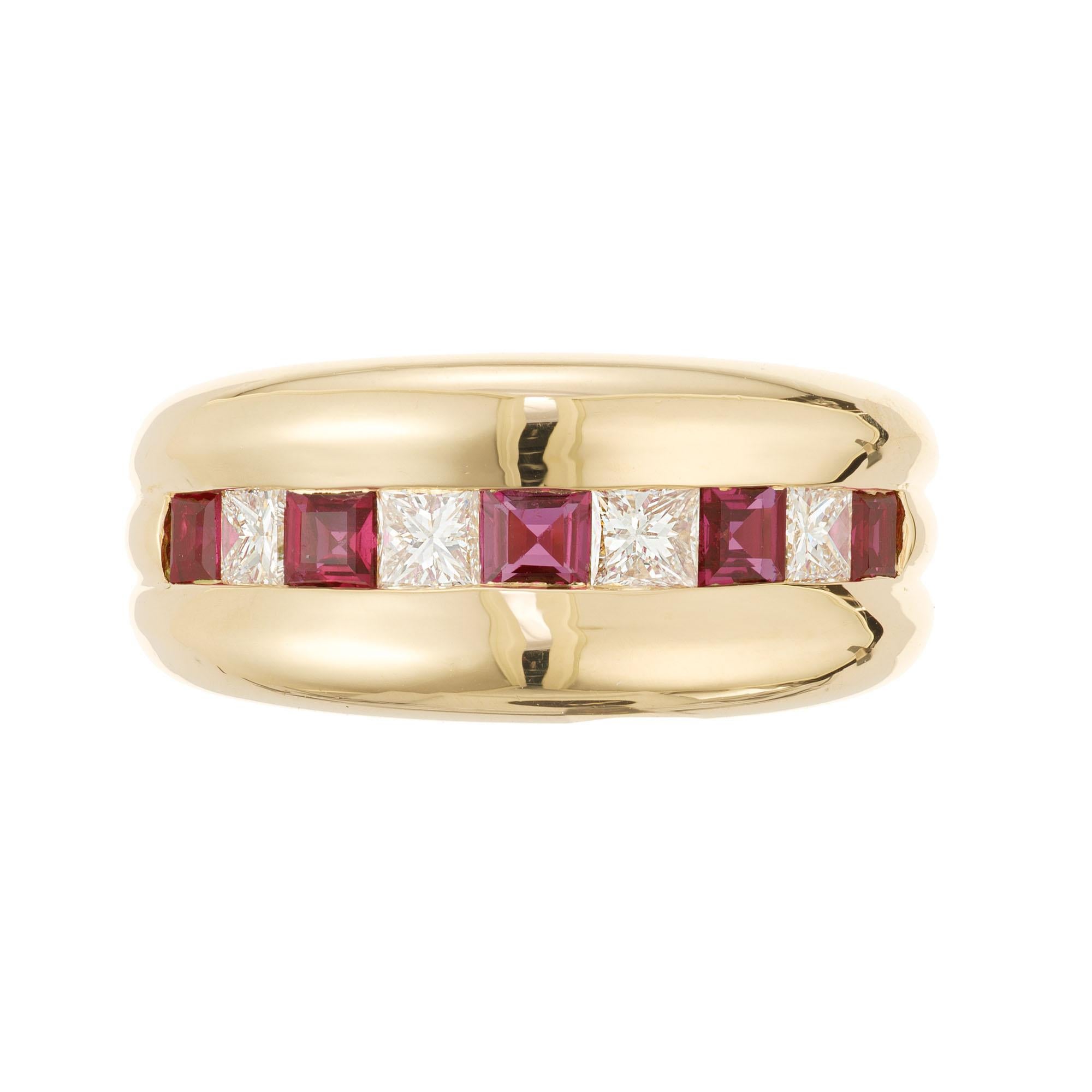 Ruby and diamond ring. Alternating 4 princess cut diamonds and 5 square cut rubies in at 18k yellow gold setting. 

5 square cut genuine red rubies, VS approx. .50cts
4 princess cut diamonds, G-H VS approx. .40cts
Size 6.75 and sizable 
18k yellow