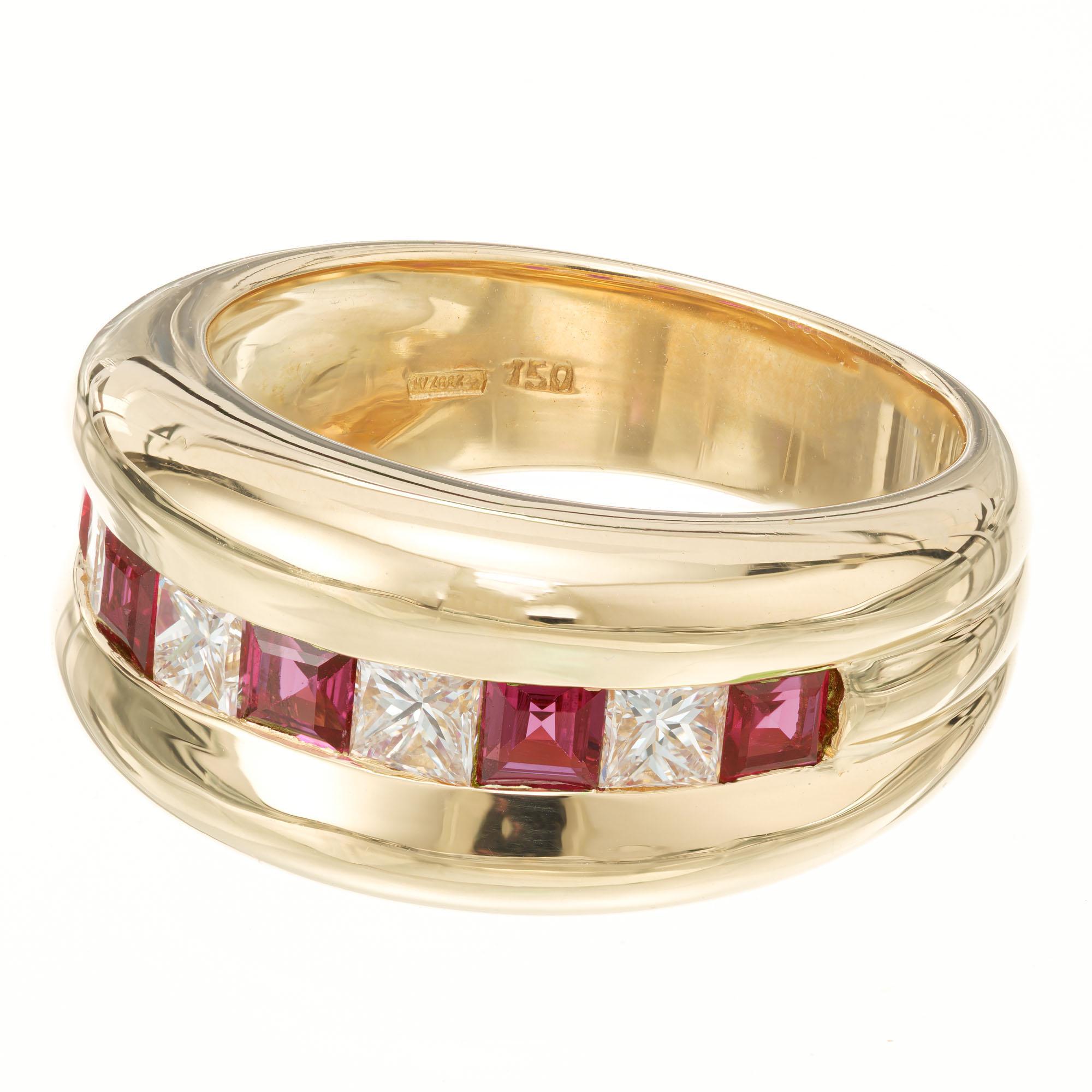 Square Cut .50 Carat Ruby Diamond Yellow Gold Dome Ring For Sale