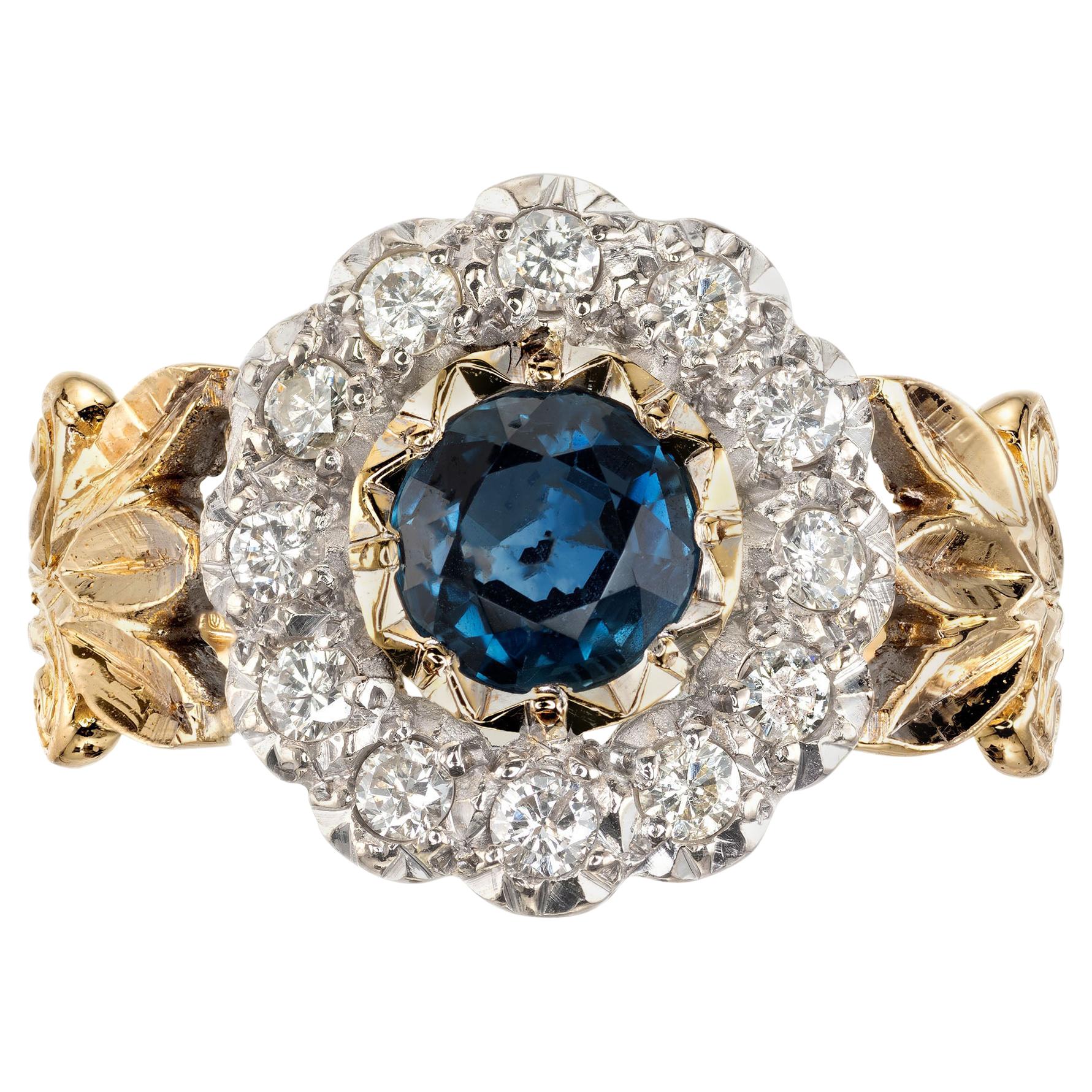 .50 Carat Sapphire Diamond Halo Flower Gold Engagement Ring For Sale