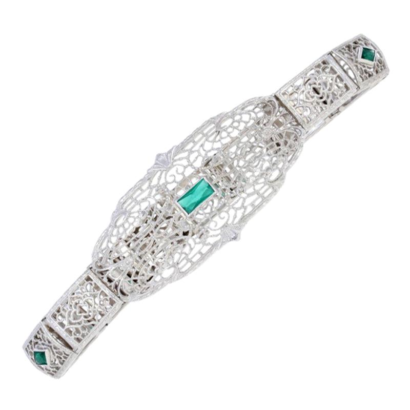 .50 Carat Simulated Emerald Art Deco Filigree Bracelet, 10k Gold Vintage Link