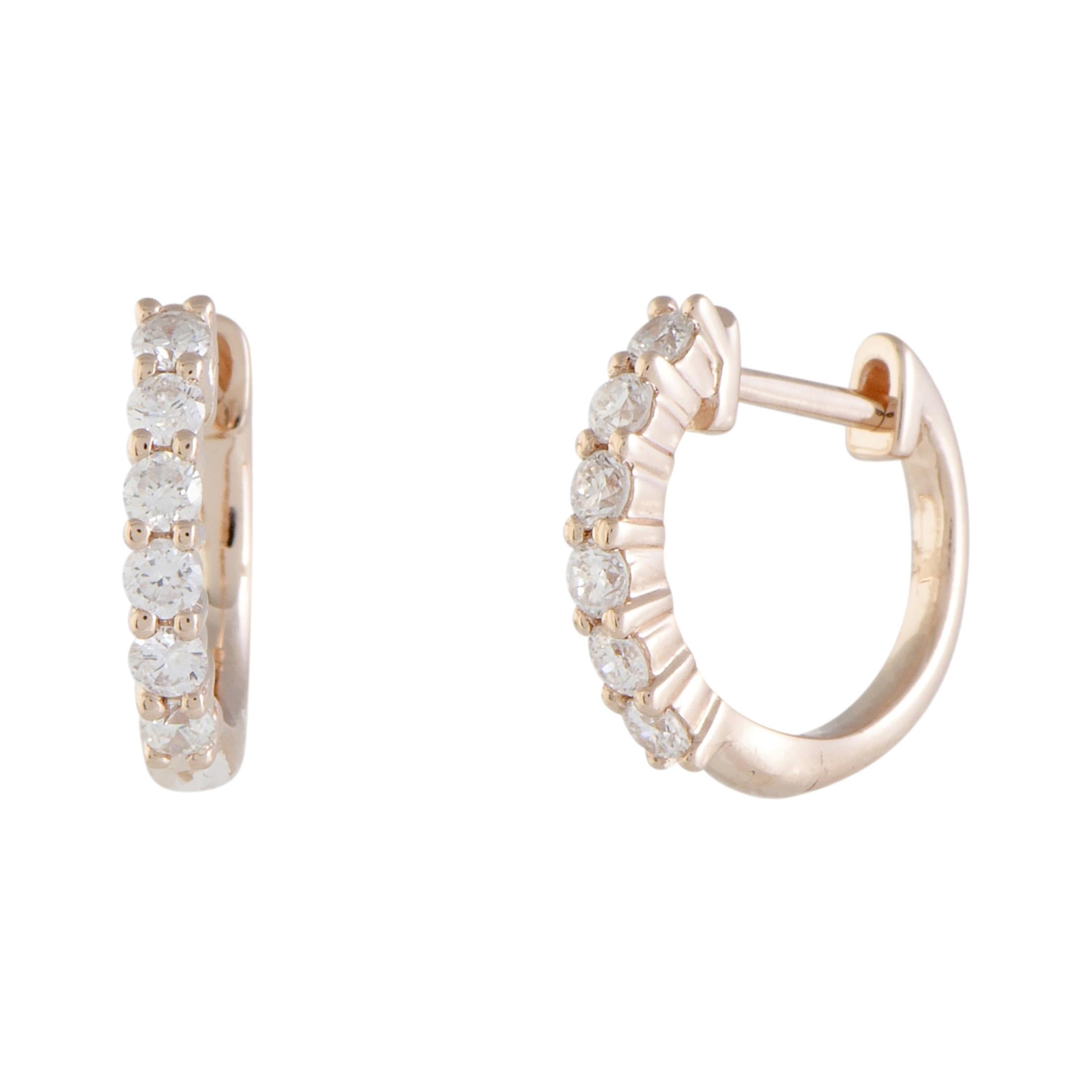 .50 Carat Small 14 Karat Rose Gold 6-Diamond Tiny Round Hoop Earrings For Sale