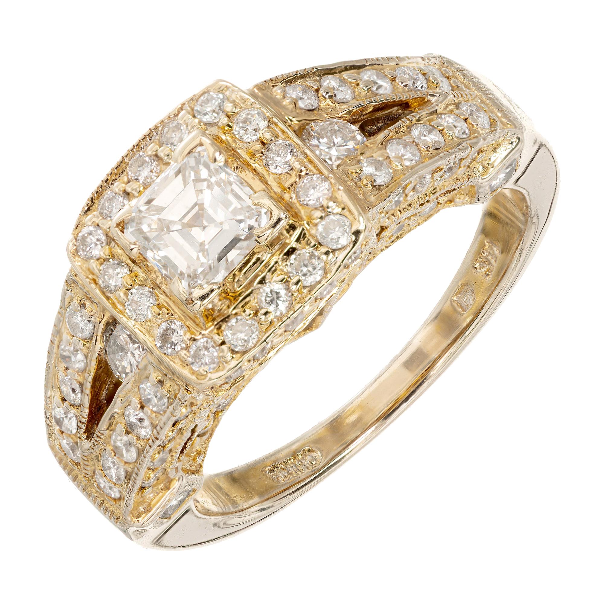 .50 Carat Step Cut Diamond Halo Yellow Gold Engagement Ring For Sale