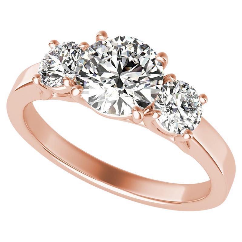 1.50 Carat Three-Stone Round Diamond Ring in 14k Rose Gold For Sale at ...