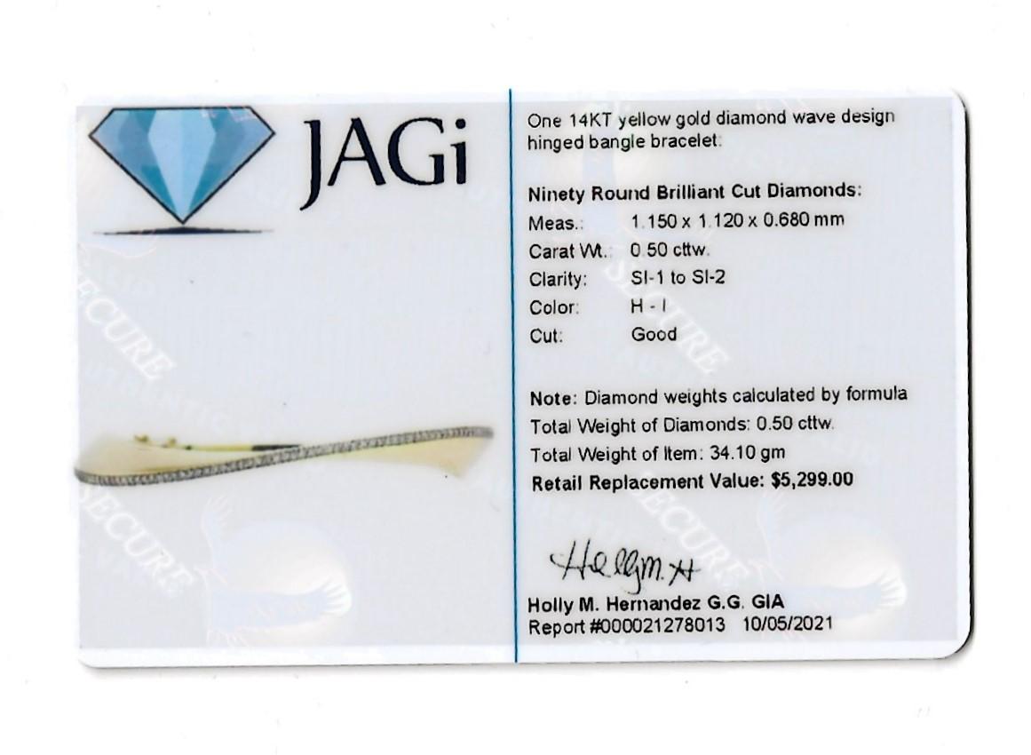 .50 Carat Total Pave Diamond Wave Hinged Bangle Bracelet in 14 Karat Yellow Gold For Sale 10
