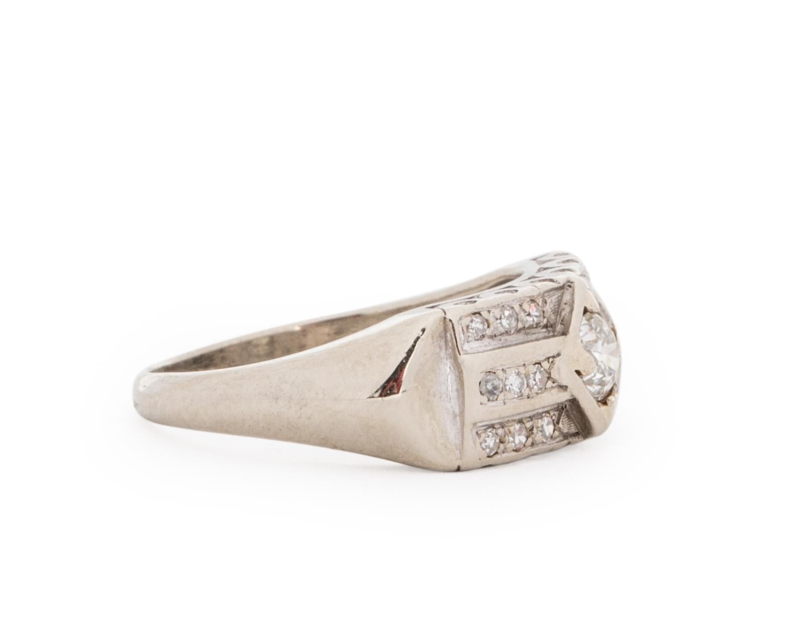 Item Details: 
Ring Size: 6
Metal Type: 14 Karat white gold [Hallmarked, and Tested]
Weight: 2.5 grams

Diamond Details:
Weight: .50 Carat Total Weight
Cut: Transitional Round
Color: G
Clarity: VS

Finger to Top of Stone Measurement: 4 mm
Condition: