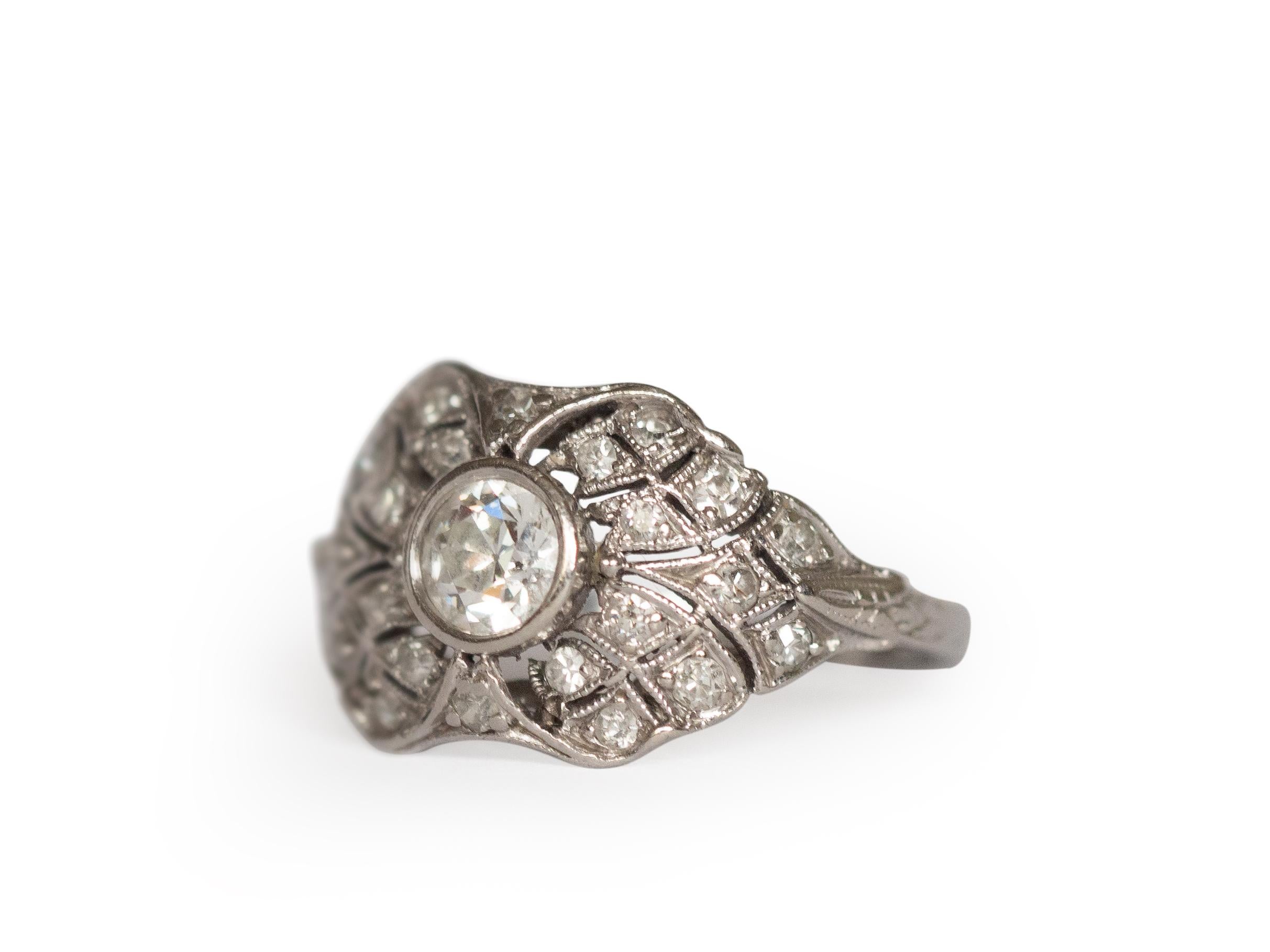 Ring Size: 4.75
Metal Type: Platinum  [Hallmarked, and Tested]
Weight:  4 grams

Diamond Details:
Weight: .50 carat, total weight
Cut: Old European Brilliant
Color: H
Clarity: VS

Finger to Top of Stone Measurement: 5mm
Condition:  Excellent
