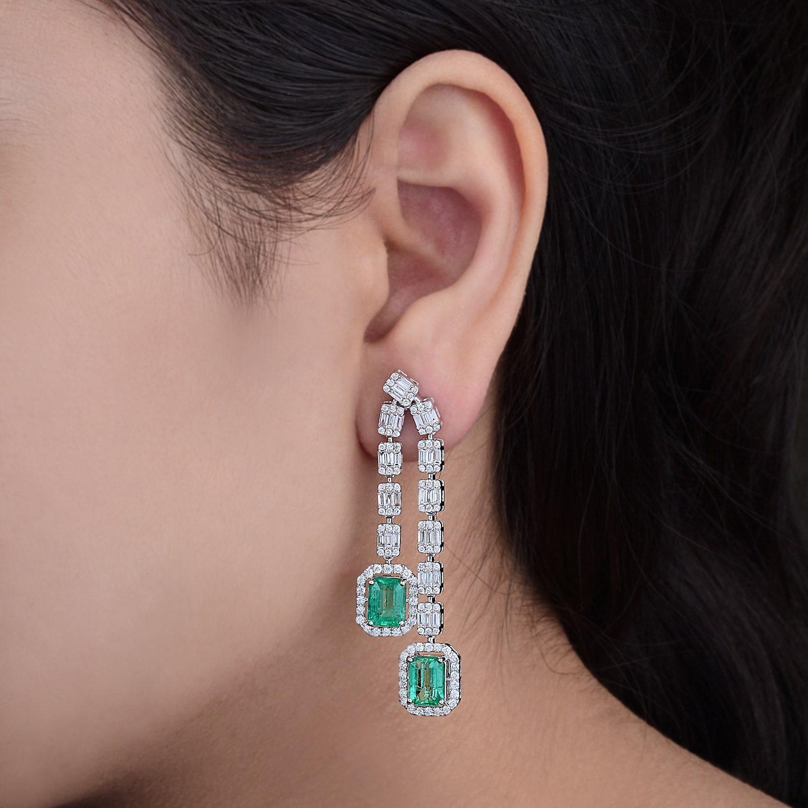 Modern 5.0 Carats Emerald 3.40 Carat Baguette Diamond 14 Karat Gold Earrings For Sale