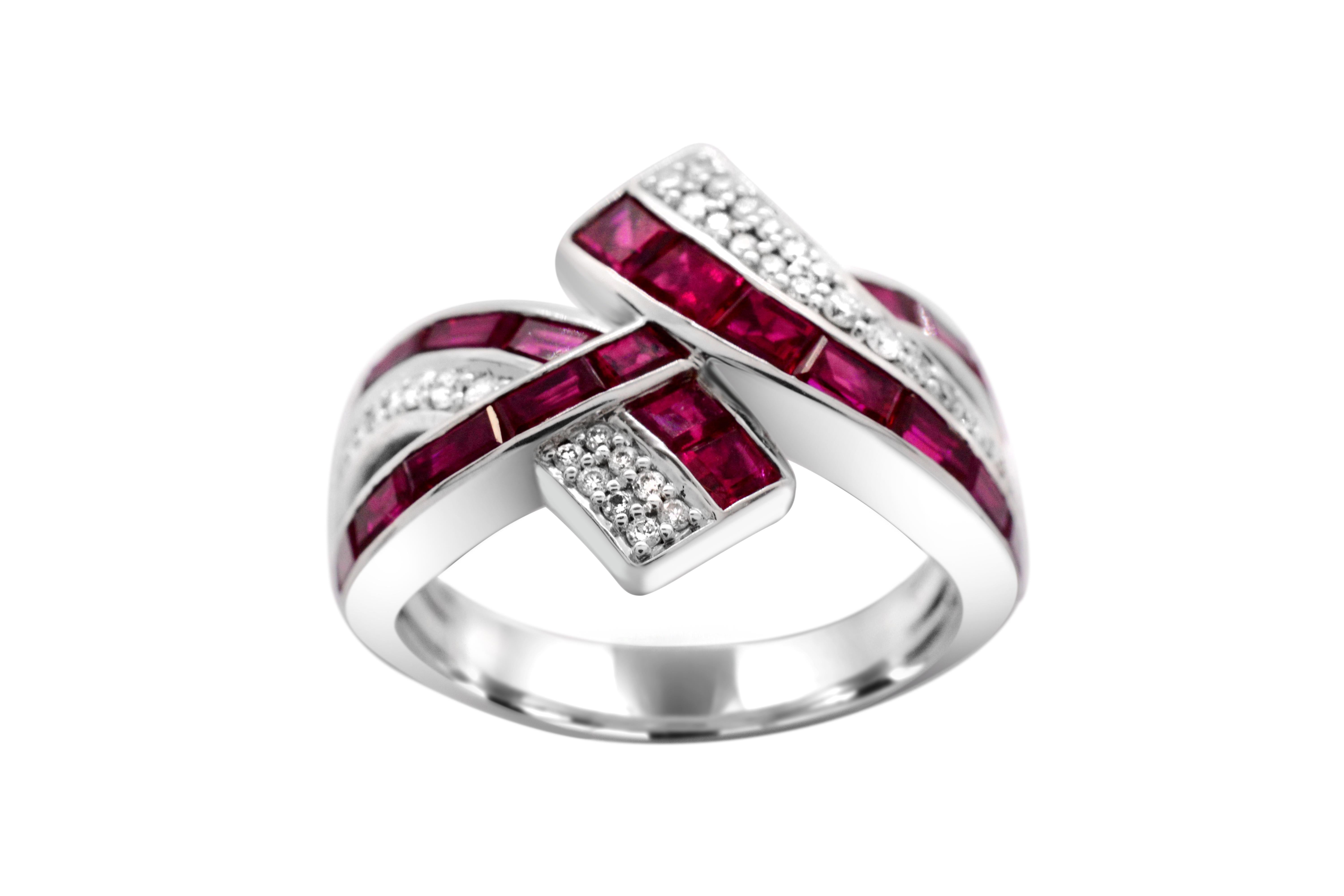 Contemporary Ruby Baguettes and Diamond 14 Karat White Gold Bypass Cocktail Ring For Sale