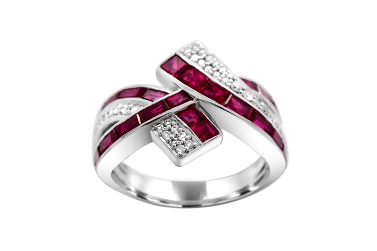 Ruby Baguettes and Diamond 14 Karat White Gold Bypass Cocktail Ring For ...